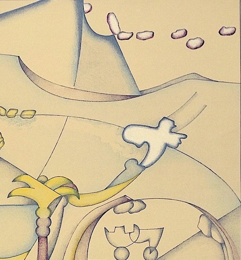 BICYCLE DREAMSCAPE Litografia firmata, paesaggio astratto, palma, bicicletta, uccelli - Abstract Print Beige di Sizu Simada