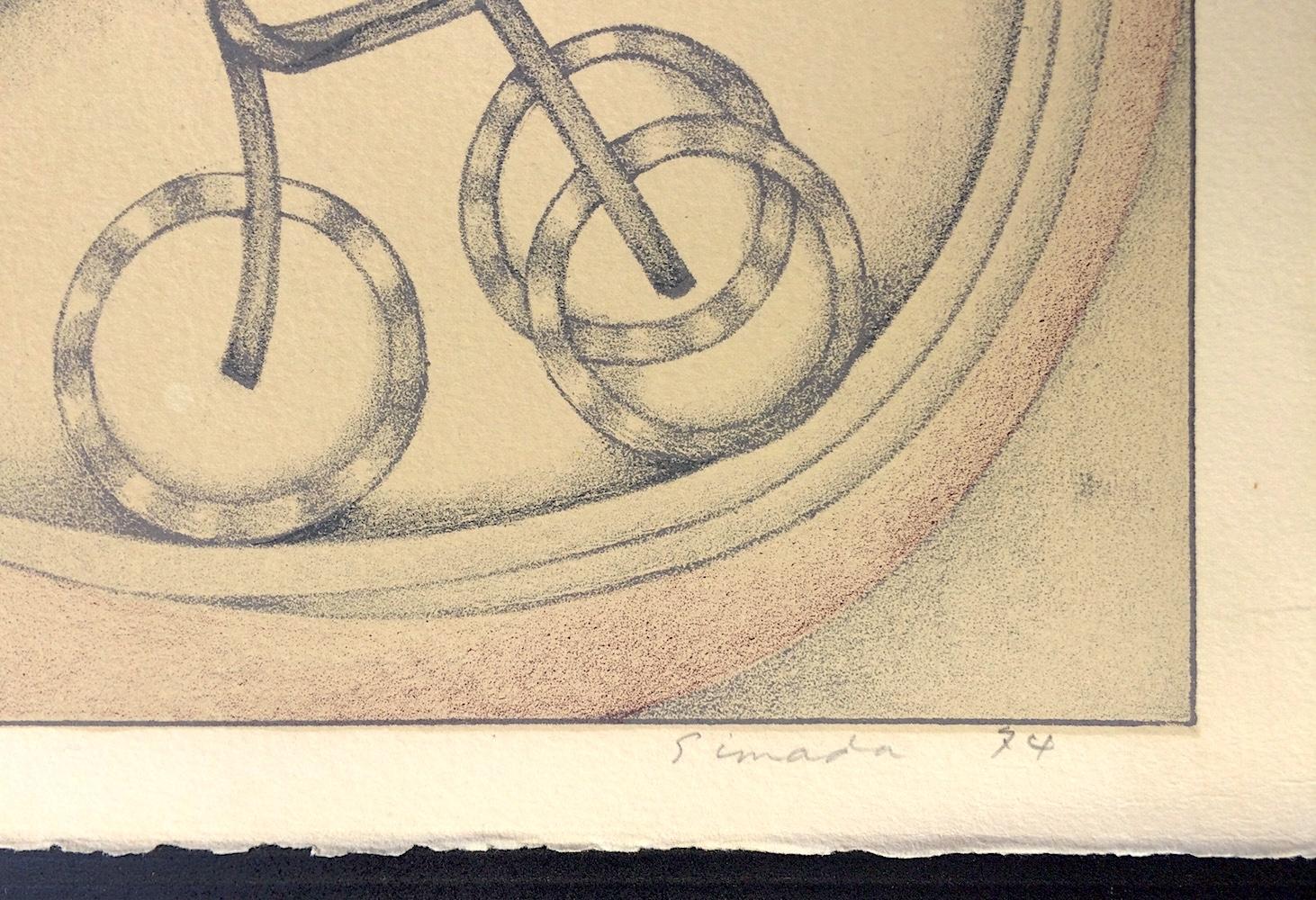 Lithographie signée BICYCLE DREAMSCAPE, paysage abstrait, palmier, vélo, oiseau en vente 2