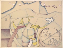 BICYCLE DREAMSCAPE Signed Lithograph, Abstract Landscape, Palm Tree, Bike, Bird