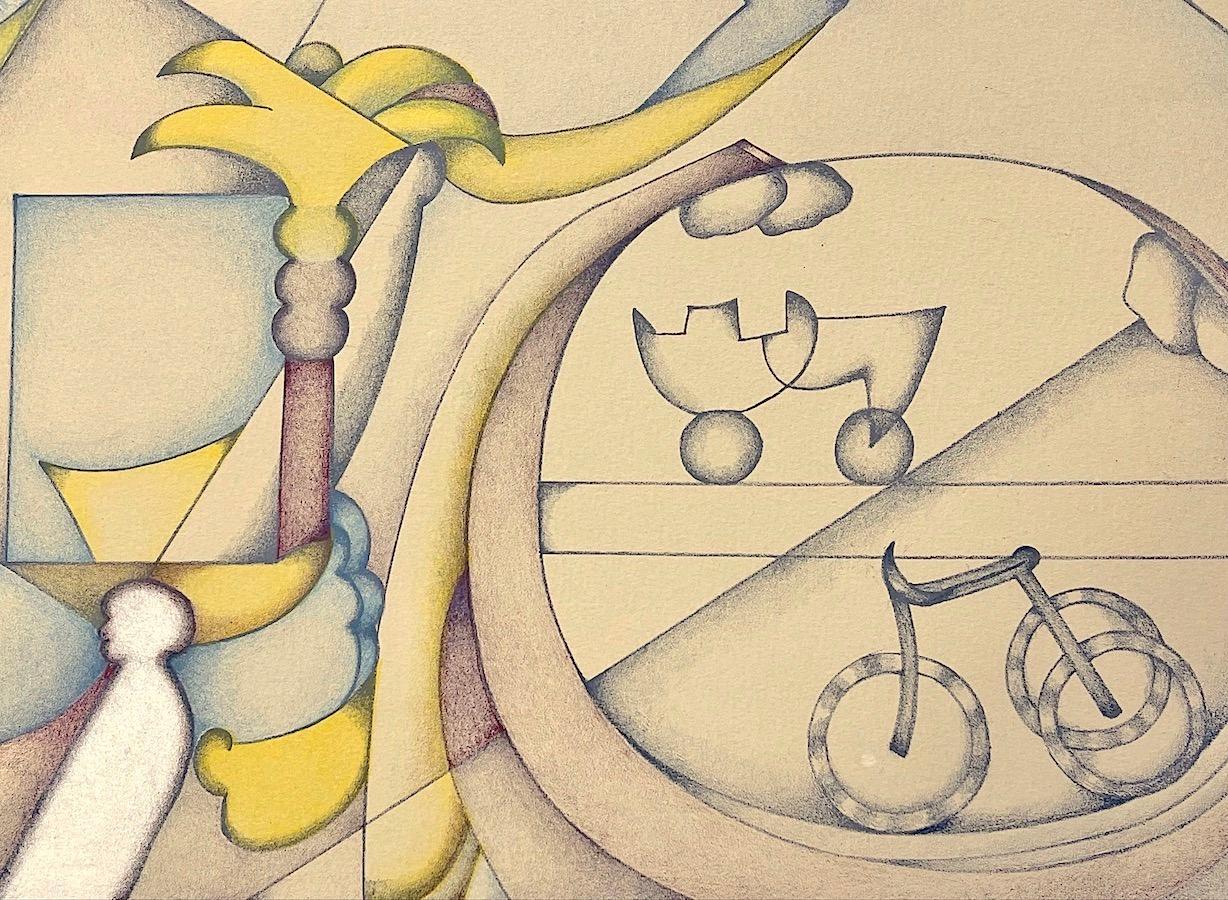 BICYCLE DREAMSCAPE Signierte Lithographie, Abstrakte Landschaft Tan Gelb Blau Violett (Zeitgenössisch), Print, von Sizu Simada