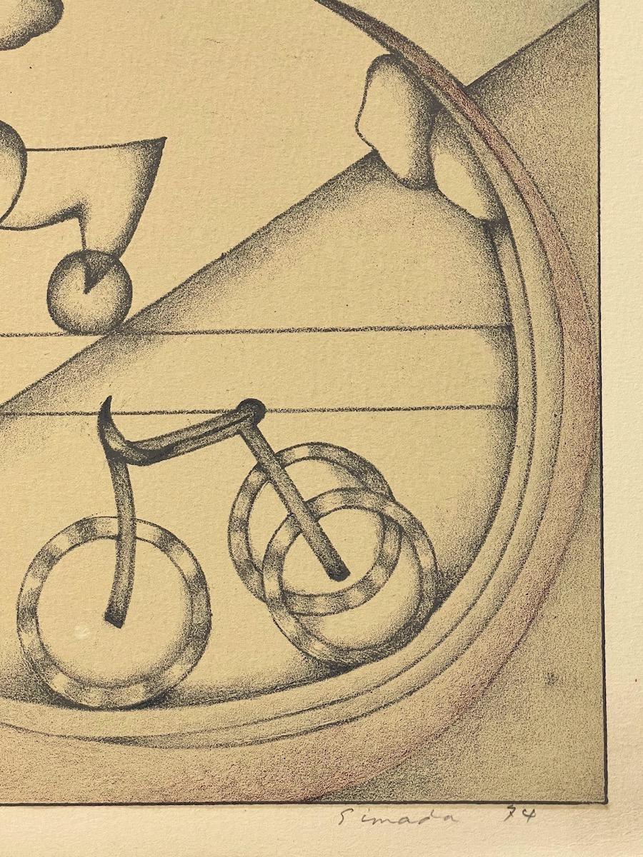 BICYCLE DREAMSCAPE ist eine originale handgezeichnete Lithographie der japanischen Künstlerin Sizu Simada, die von Hand in traditioneller Lithographietechnik auf Arches-Papier gedruckt wurde, das 100% säurefrei ist. Gedruckt in Paris Frankreich