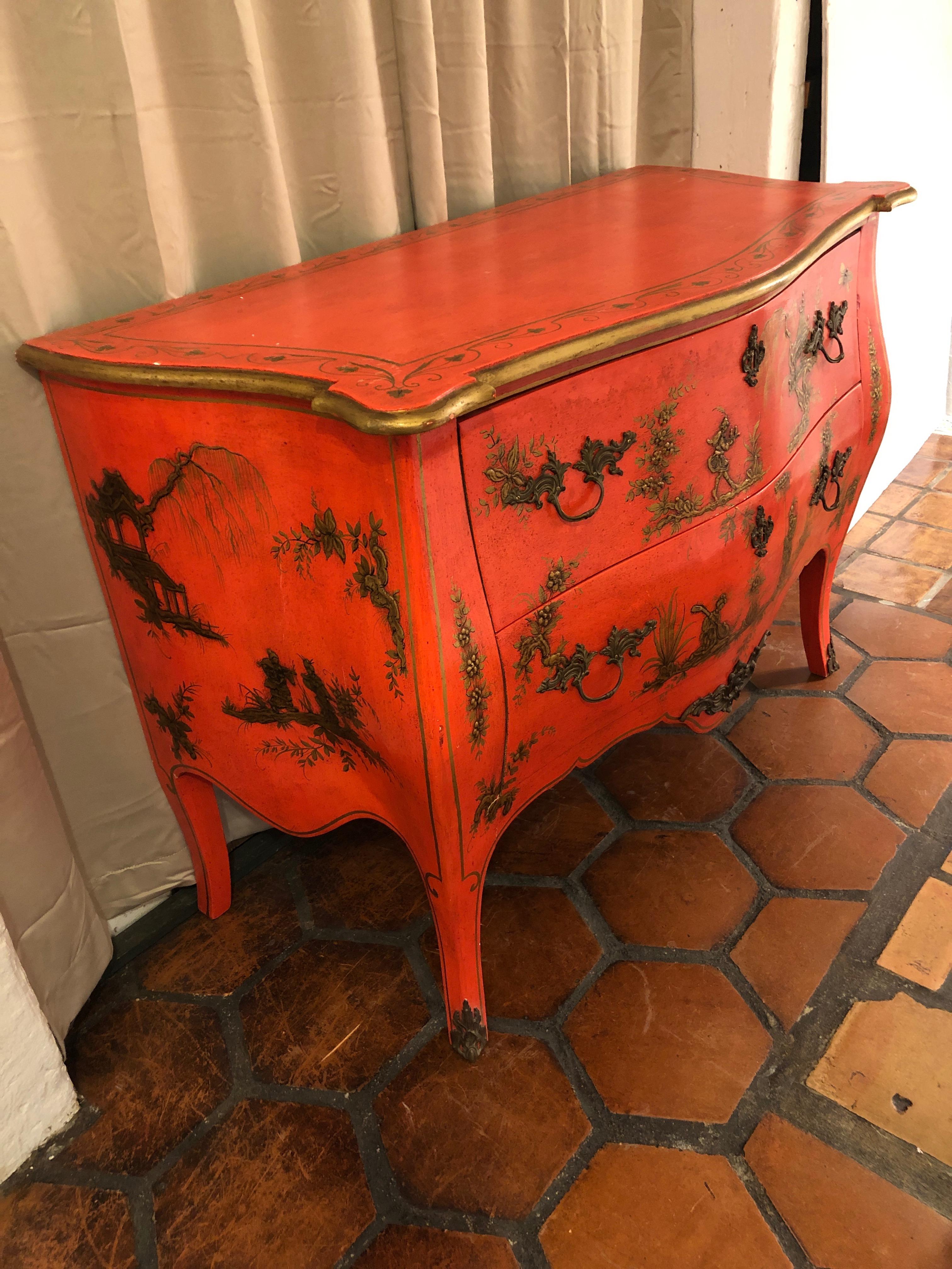 Sizzling Hot Bright Coral and Gilt Chinoiserie Bombe Style Chest of Drawers 3