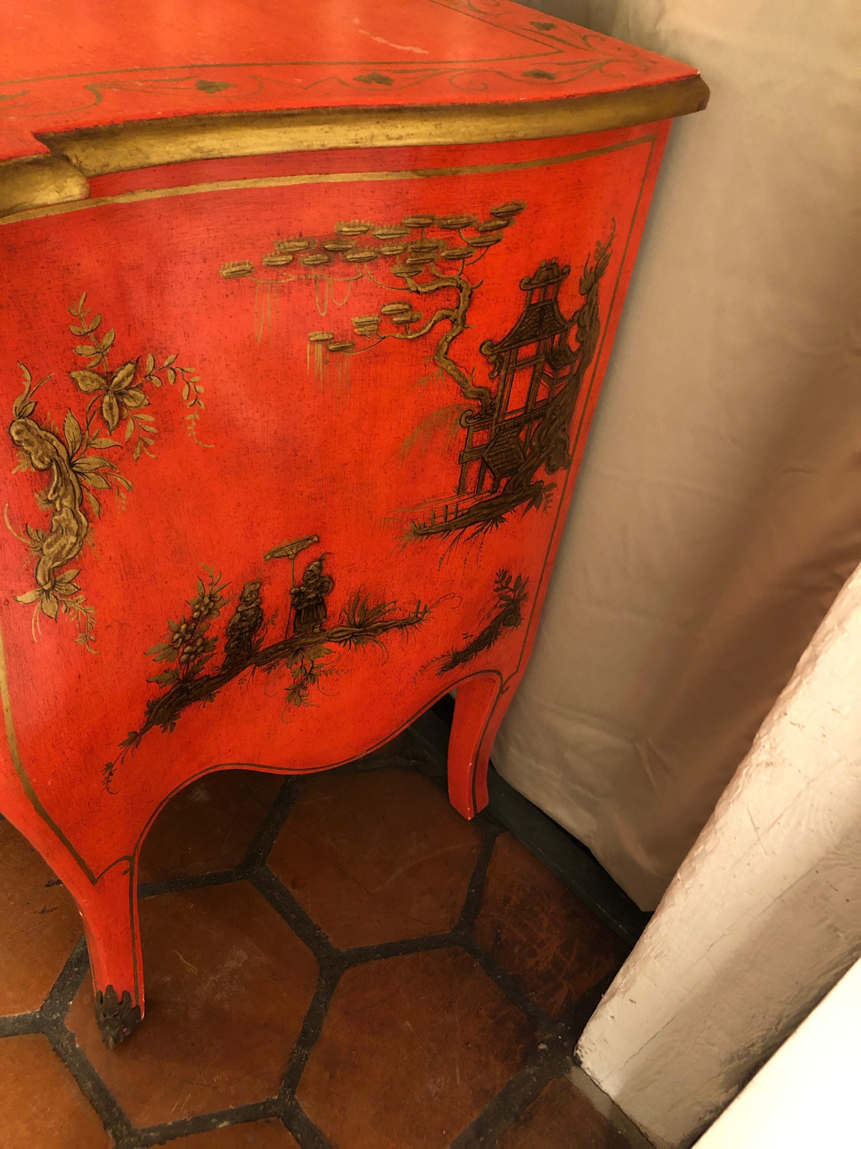 Sizzling Hot Bright Coral and Gilt Chinoiserie Bombe Style Chest of Drawers 4