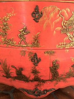 Sizzling Hot Bright Coral and Gilt Chinoiserie Bombe Style Chest of Drawers