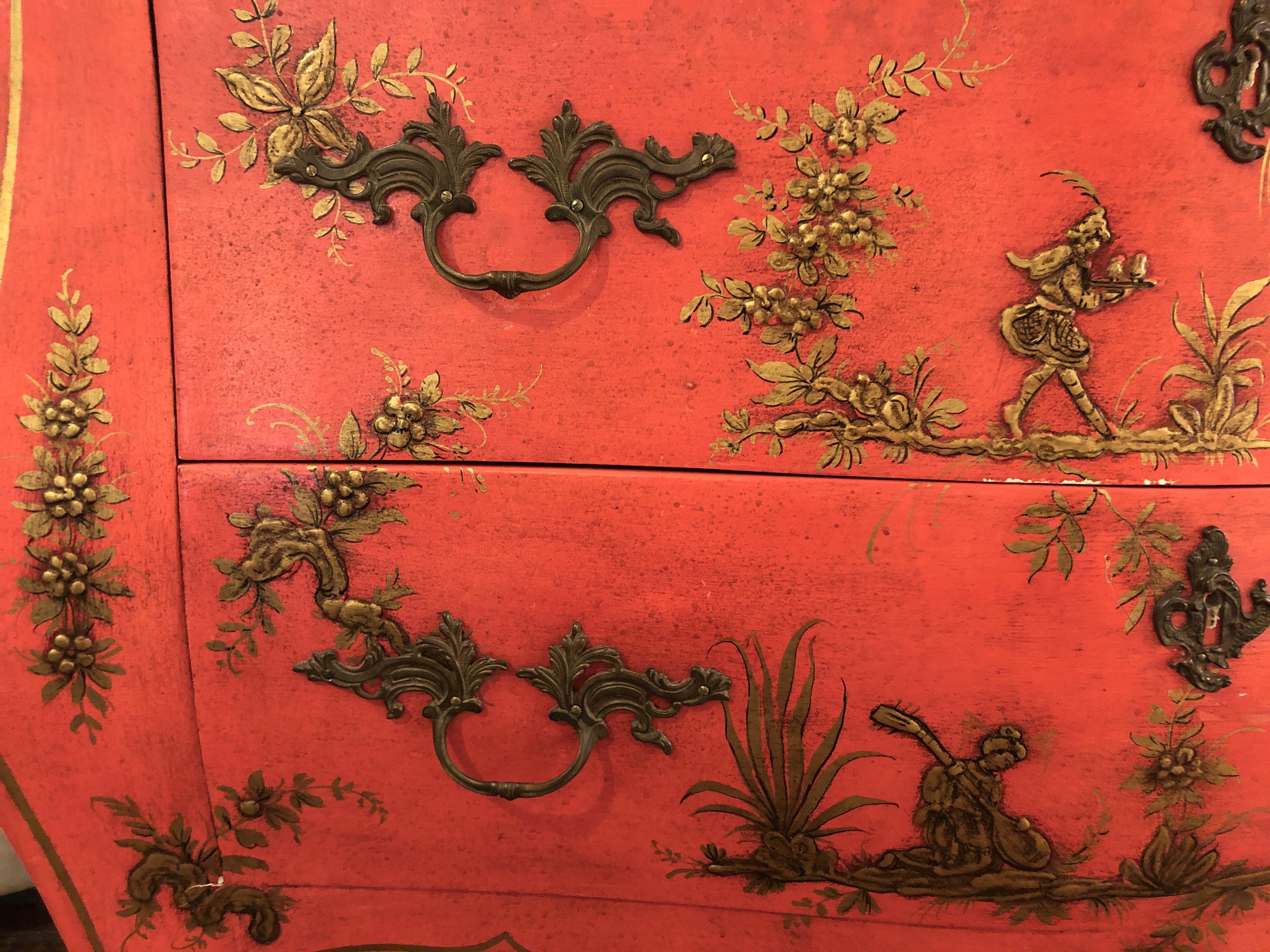 Mid-20th Century Sizzling Hot Bright Coral and Gilt Chinoiserie Bombe Style Chest of Drawers