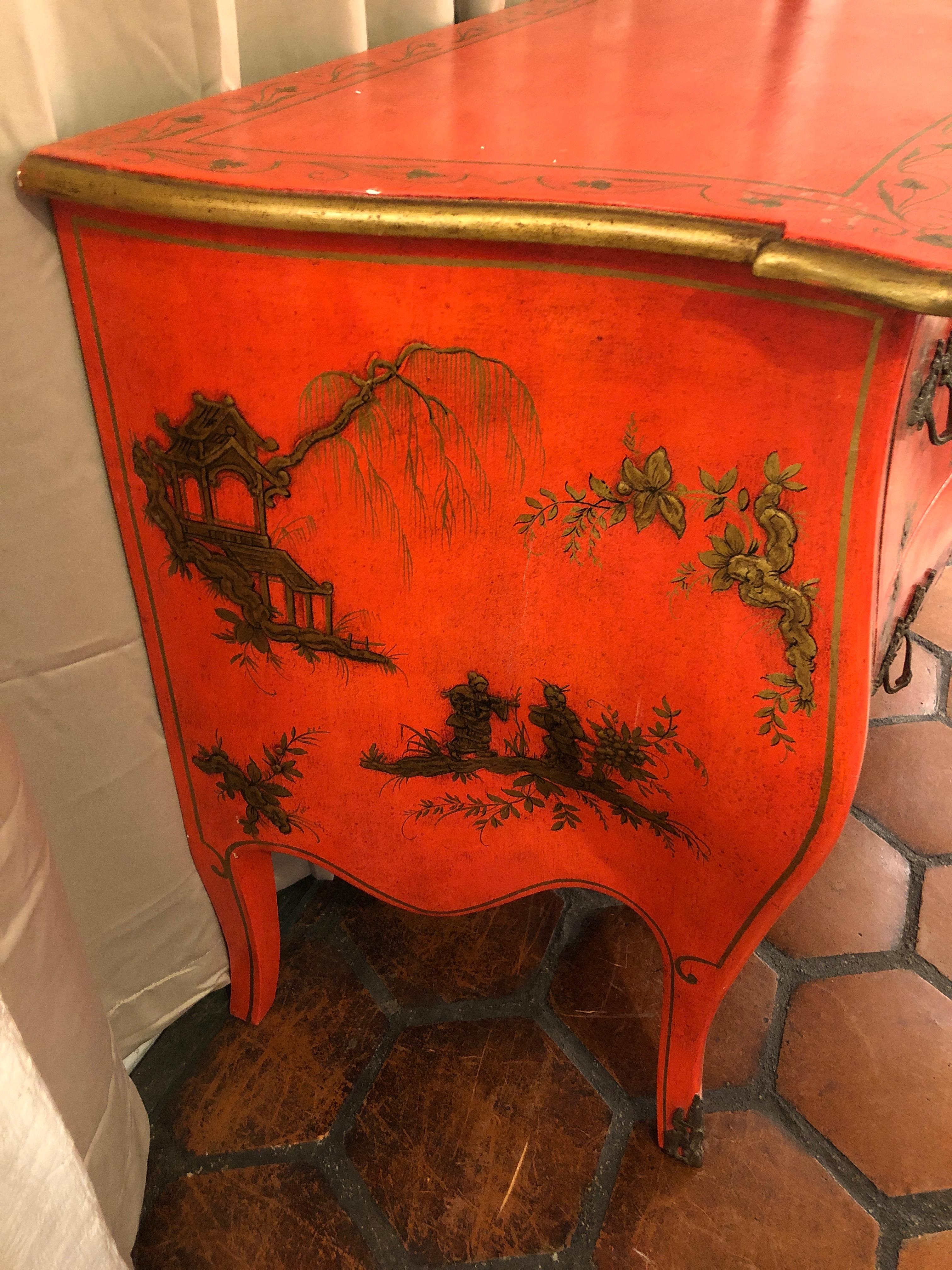 Sizzling Hot Bright Coral and Gilt Chinoiserie Bombe Style Chest of Drawers 2