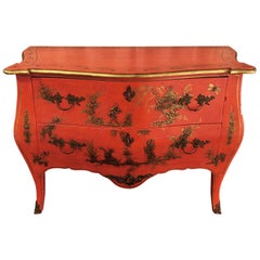 Sizzling Hot Bright Coral and Gilt Chinoiserie Bombe Style Chest of Drawers