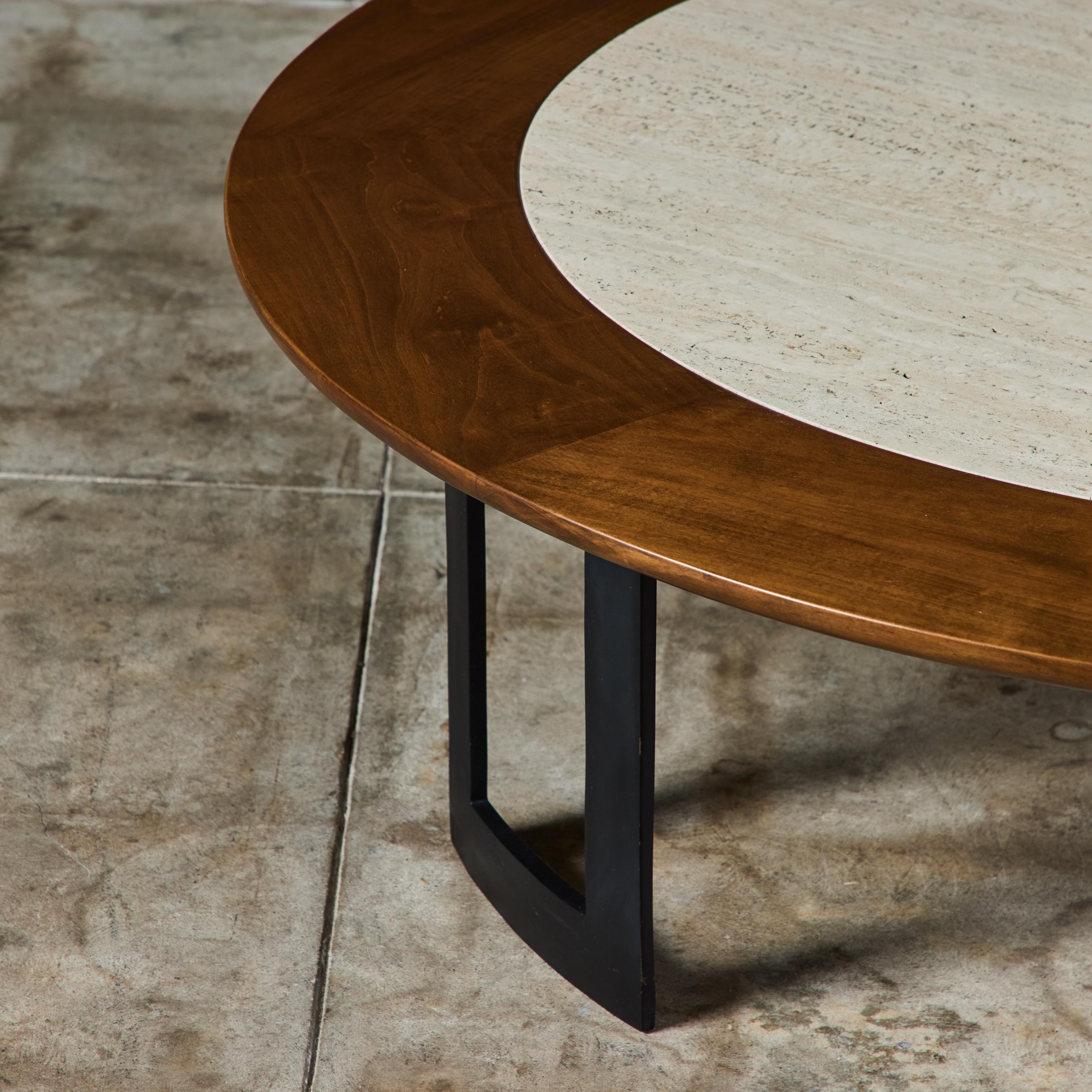 SJ Campbell Company Round Travertine and Walnut Coffee Table For Sale 3