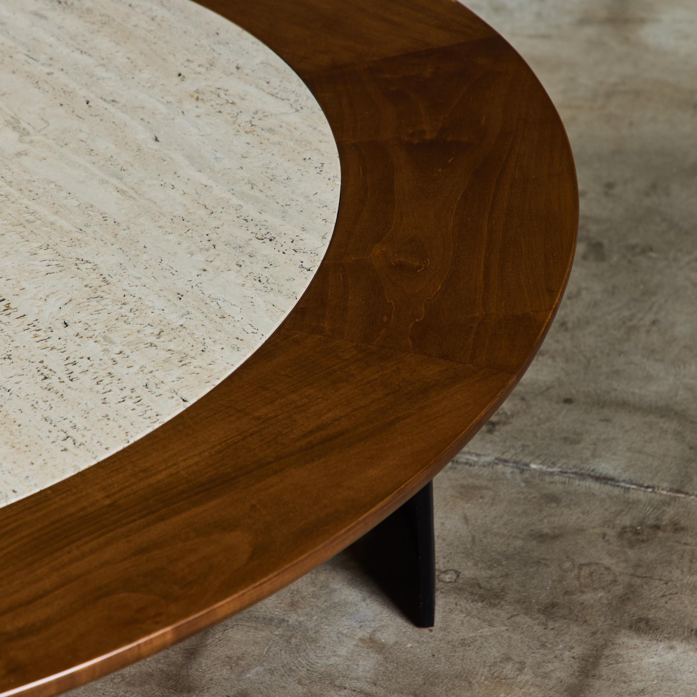 SJ Campbell Company Round Travertine and Walnut Coffee Table For Sale 4