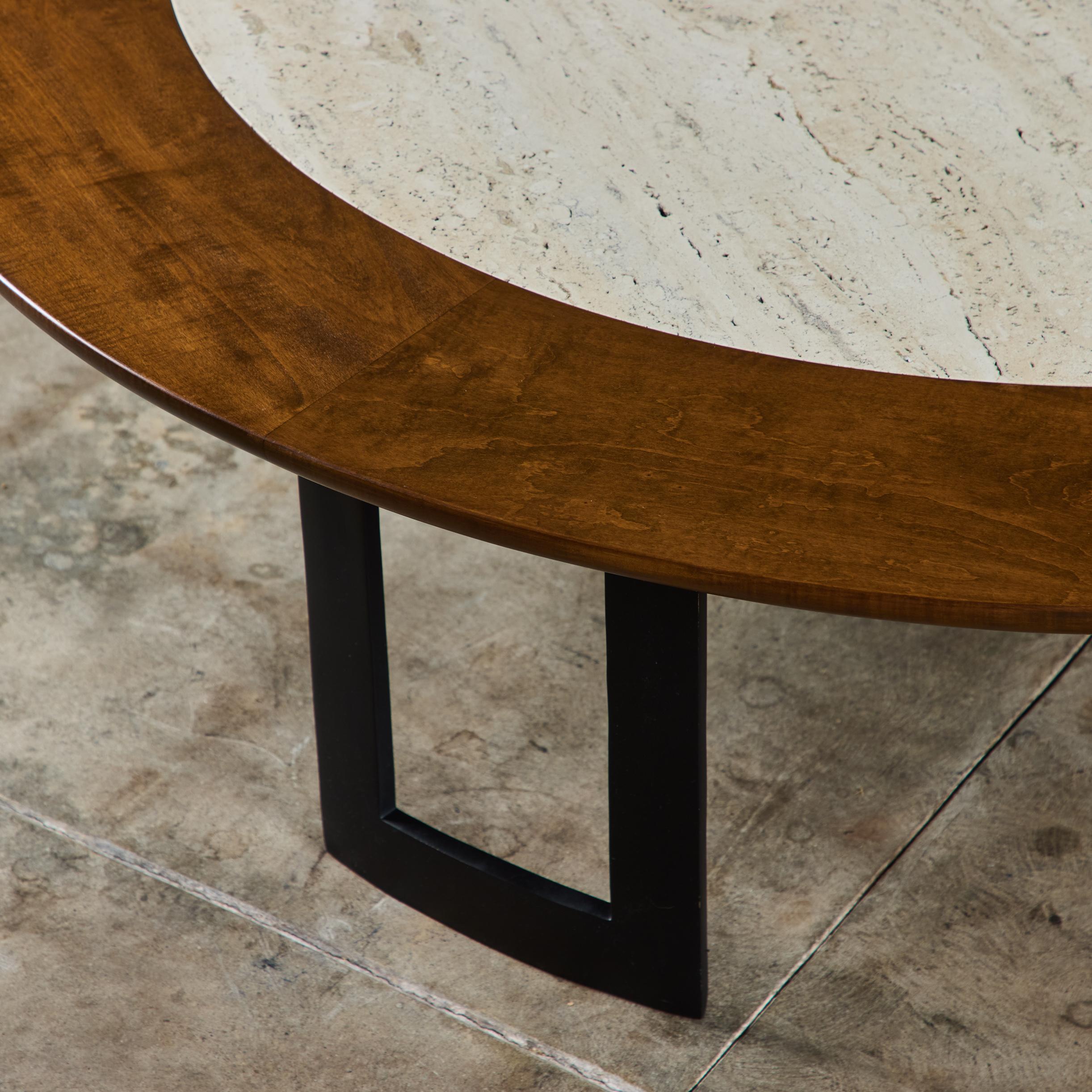 SJ Campbell Company Round Travertine and Walnut Coffee Table For Sale 5