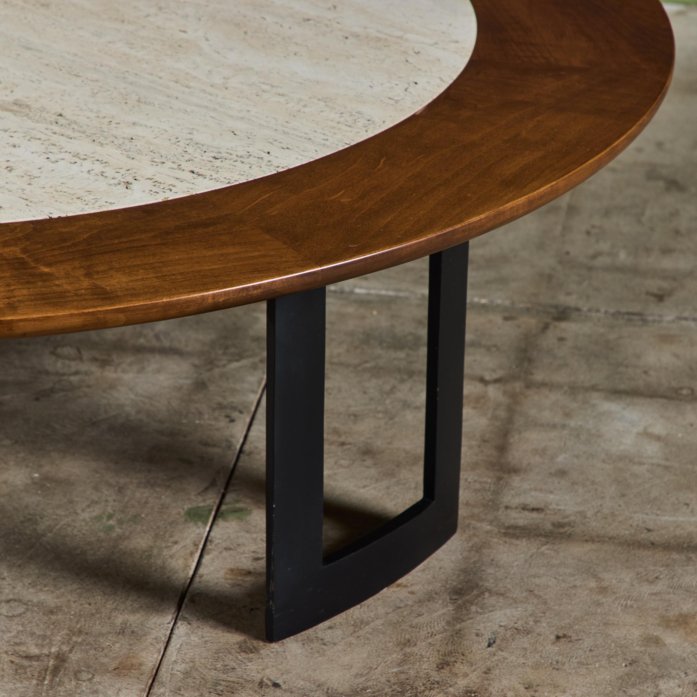 SJ Campbell Company Round Travertine and Walnut Coffee Table For Sale 6
