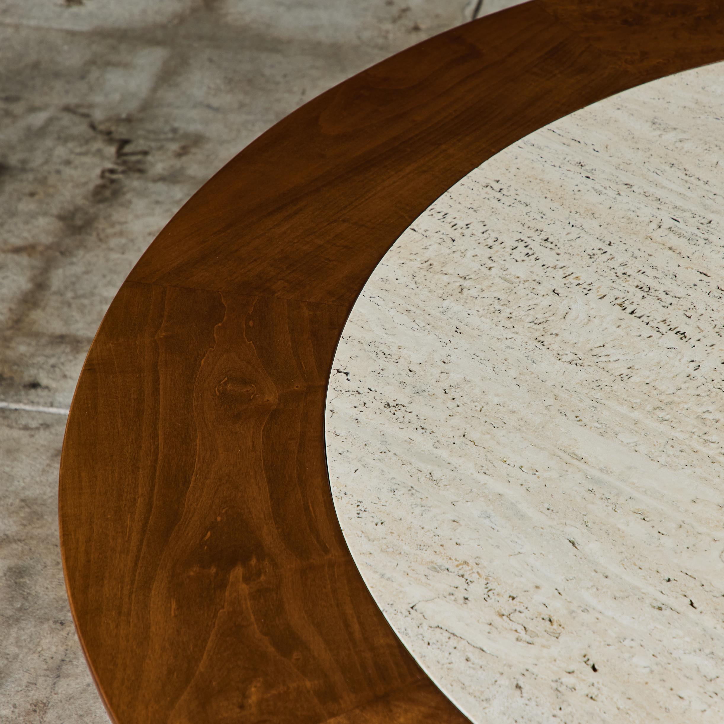 SJ Campbell Company Round Travertine and Walnut Coffee Table For Sale 8