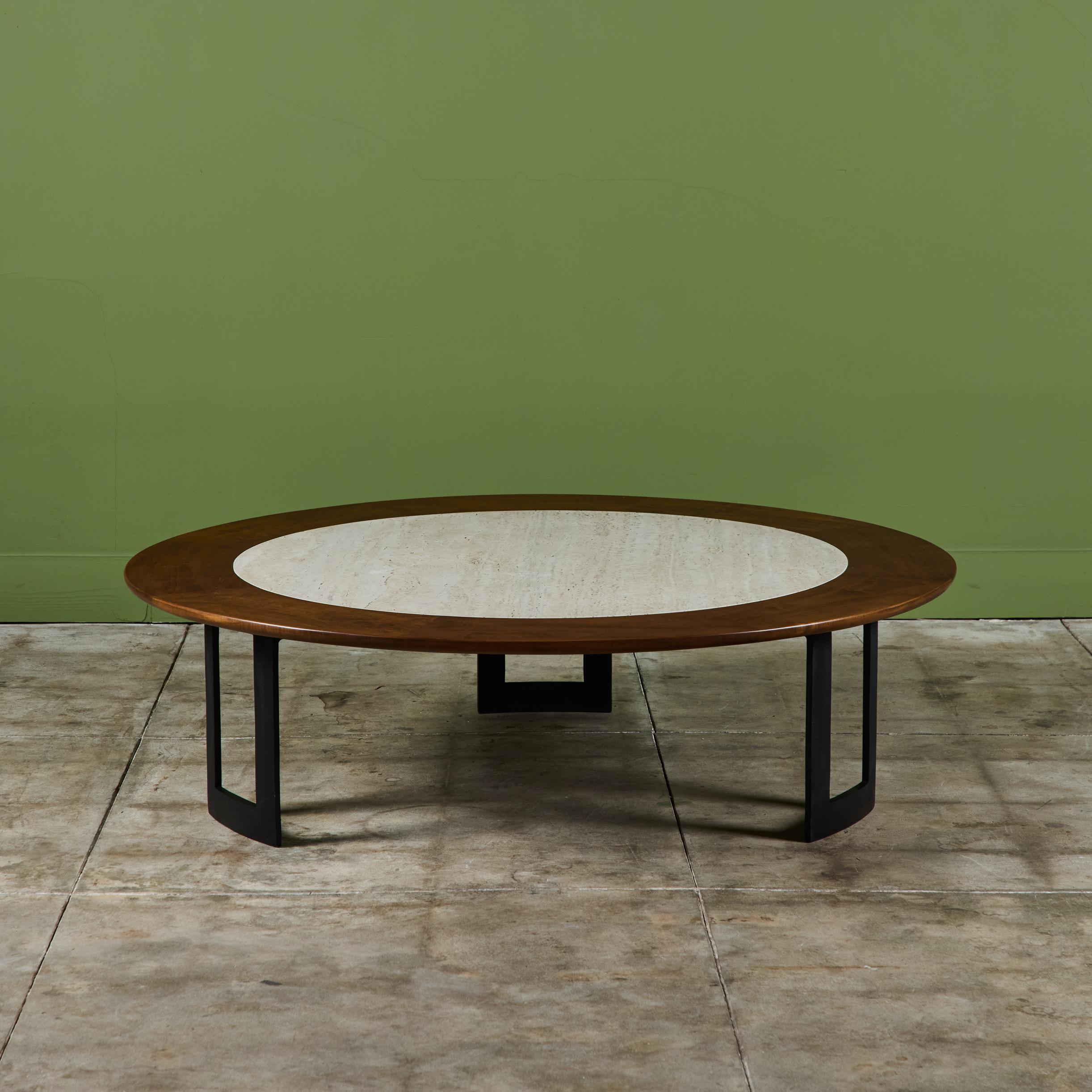 Mid-Century Modern SJ Campbell Company Round Travertine and Walnut Coffee Table For Sale
