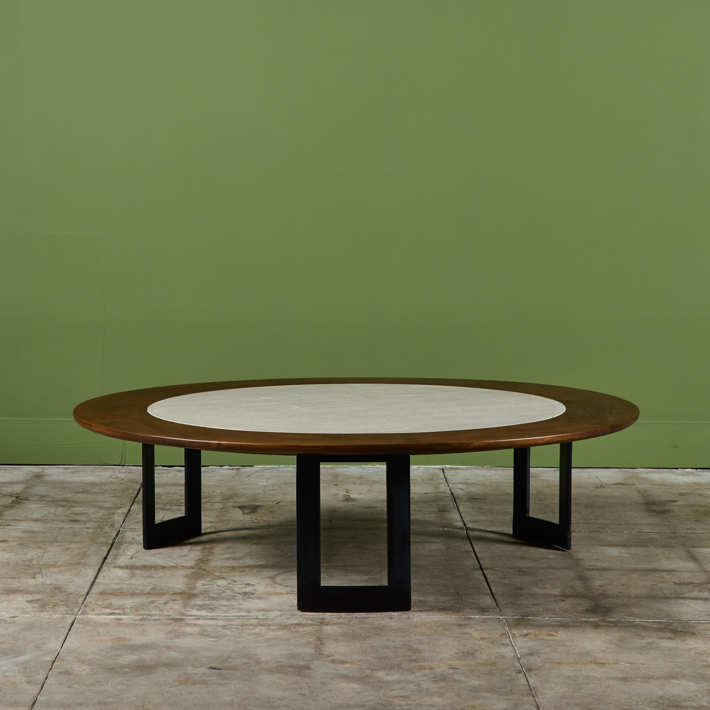 American SJ Campbell Company Round Travertine and Walnut Coffee Table For Sale