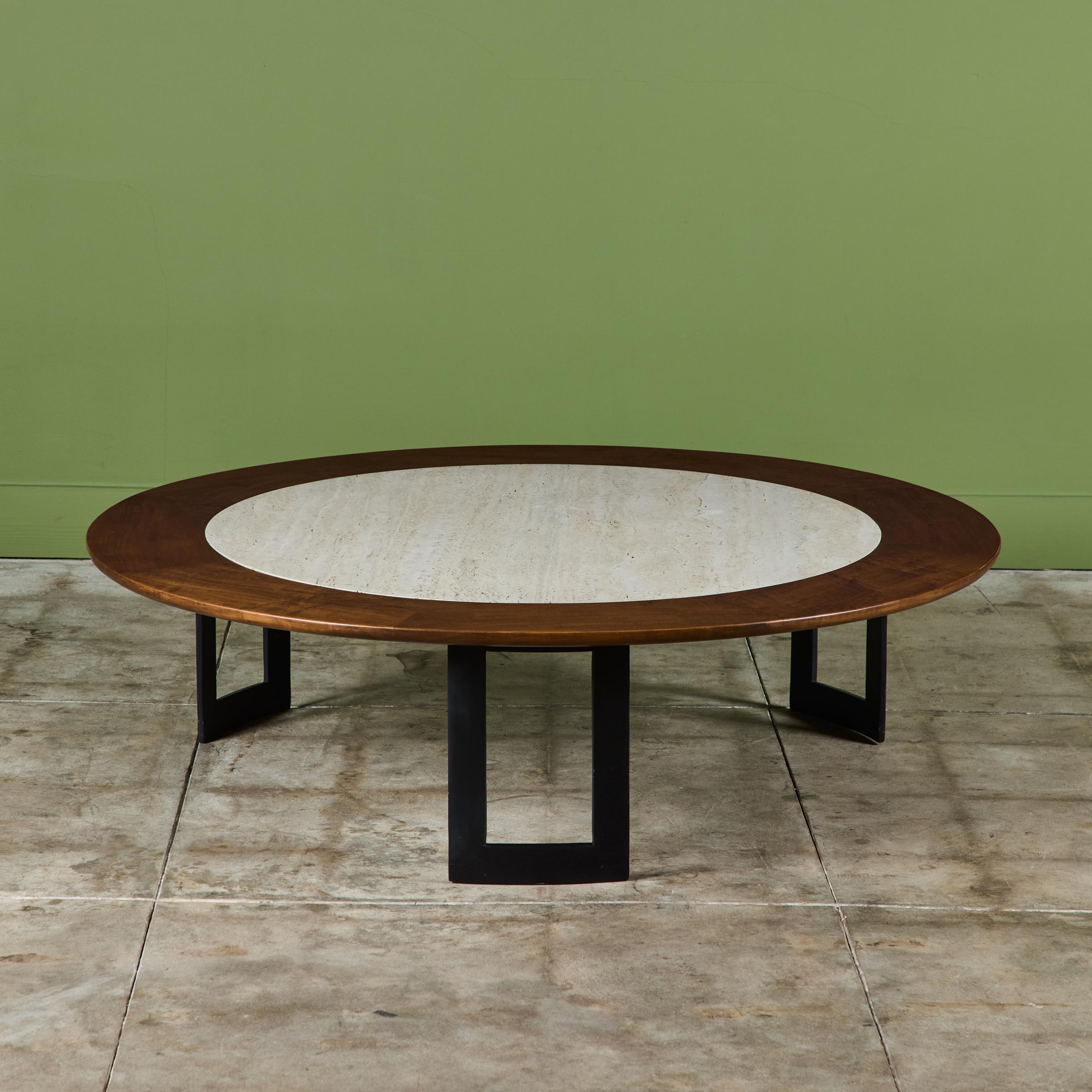 Enameled SJ Campbell Company Round Travertine and Walnut Coffee Table For Sale