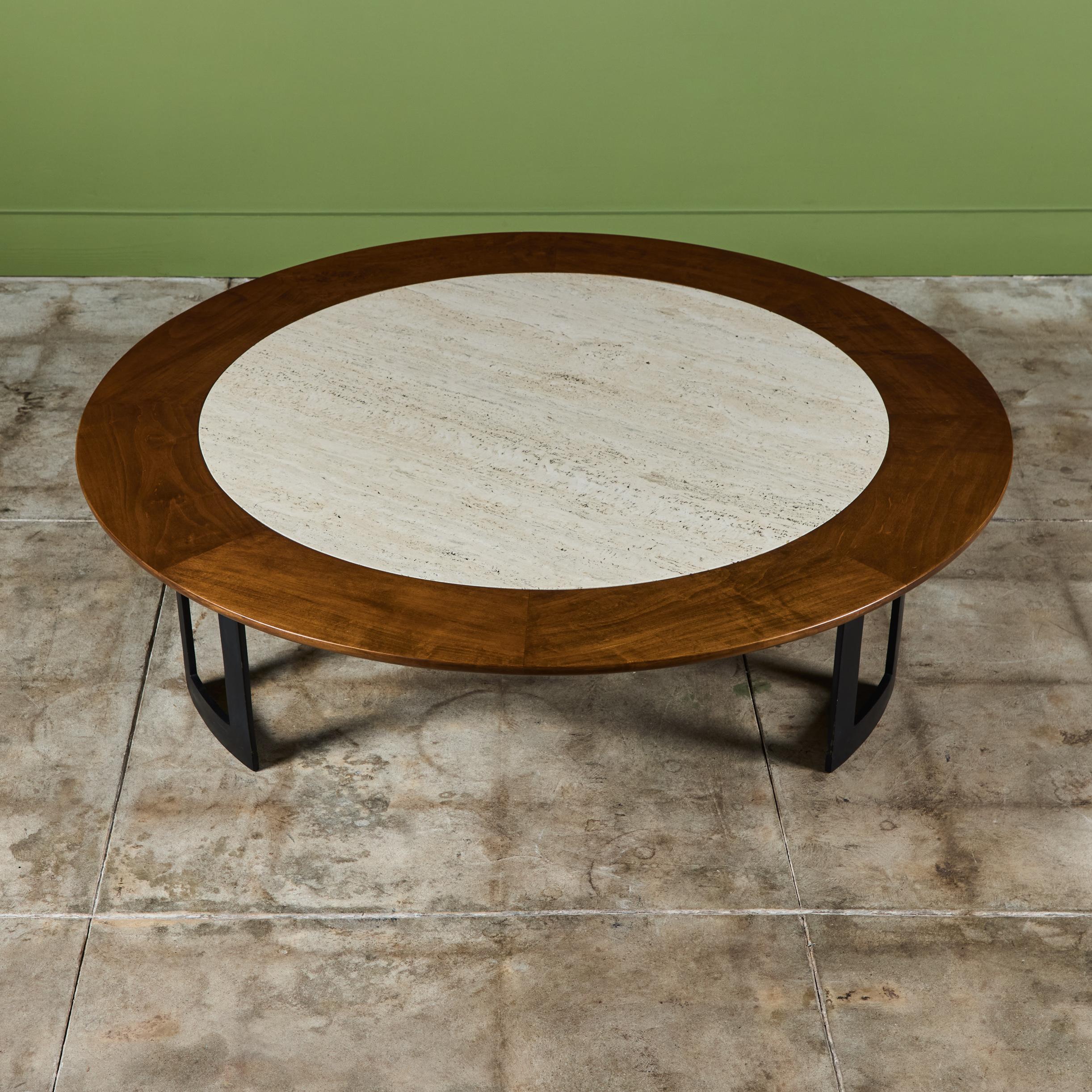 20th Century SJ Campbell Company Round Travertine and Walnut Coffee Table For Sale