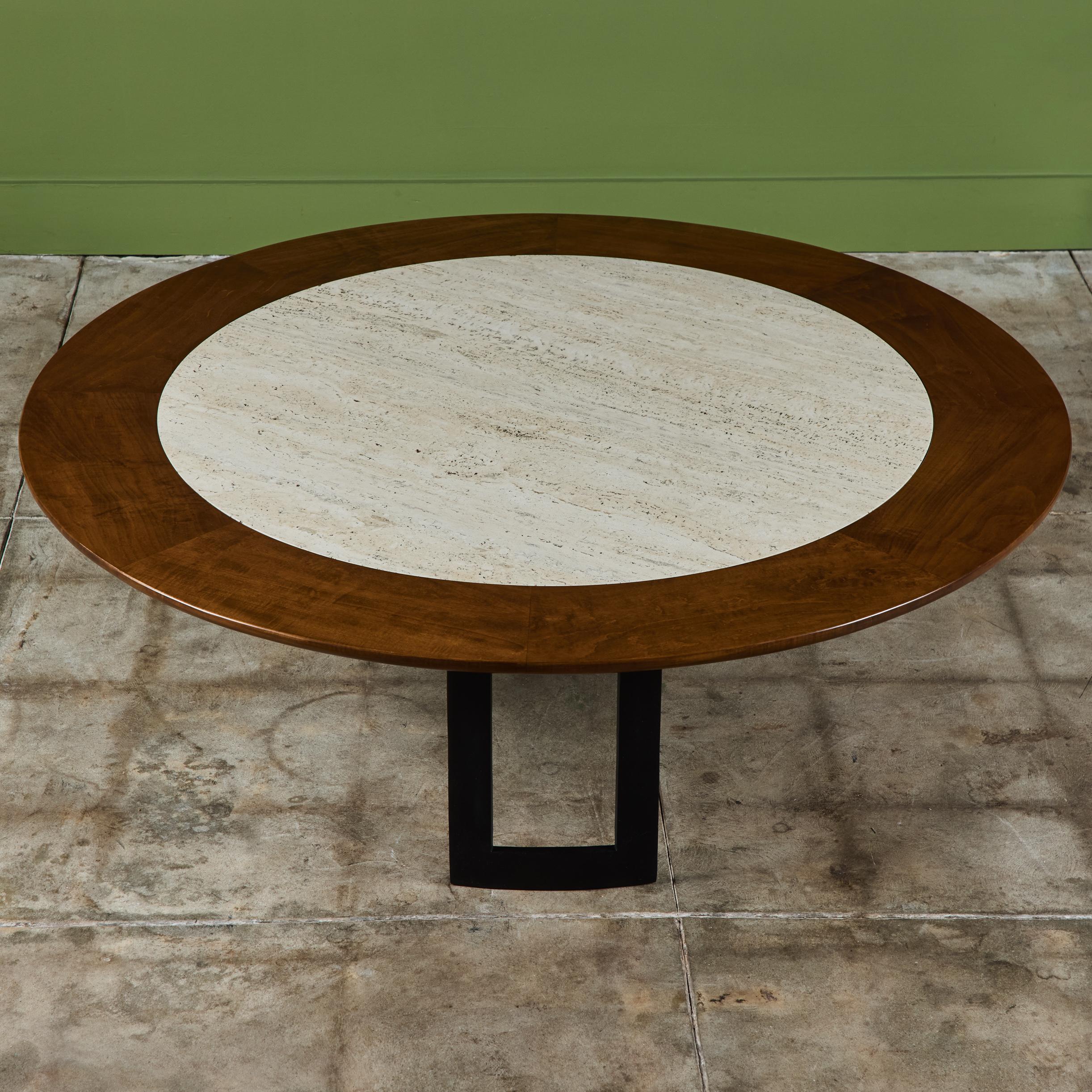 SJ Campbell Company Round Travertine and Walnut Coffee Table For Sale 1