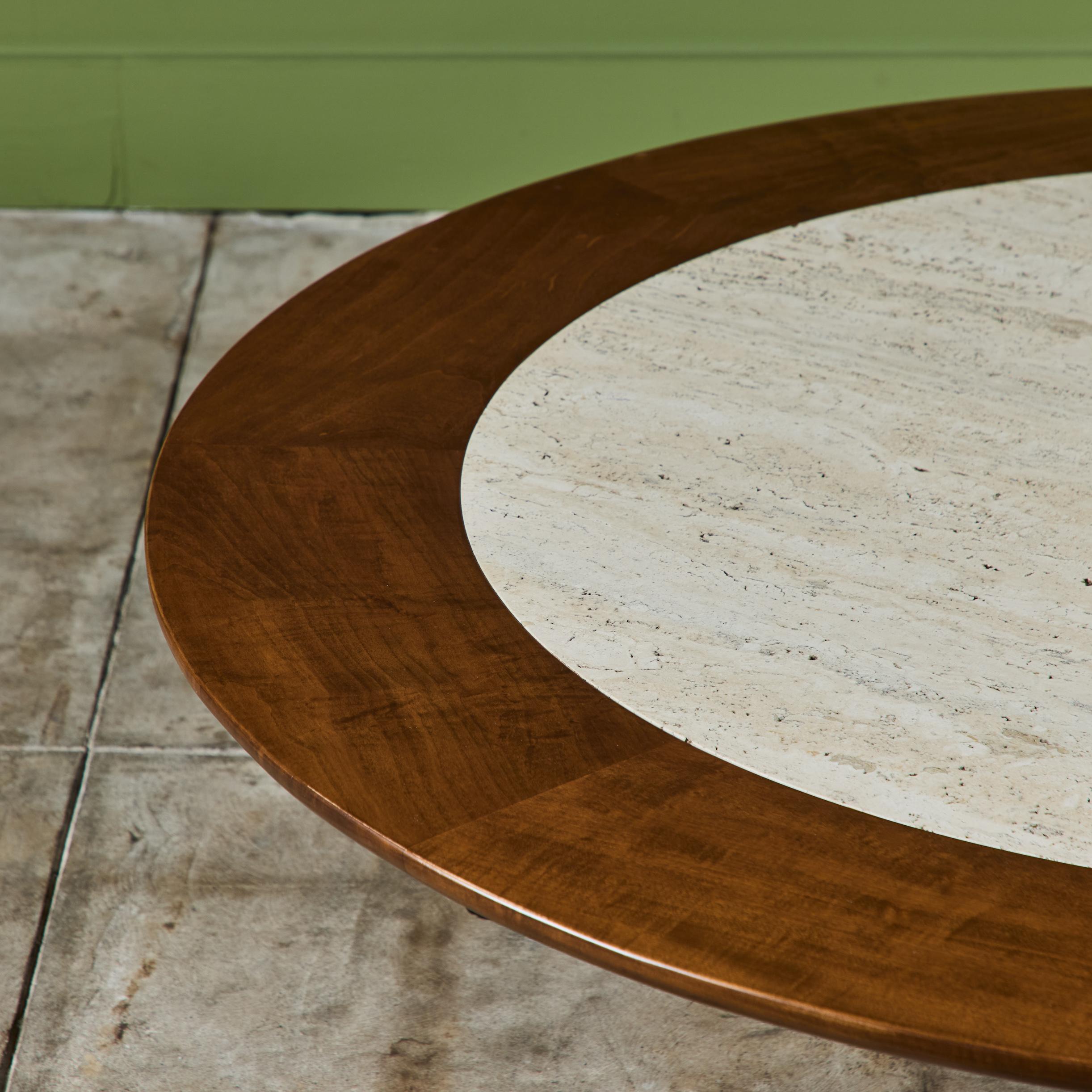 SJ Campbell Company Round Travertine and Walnut Coffee Table For Sale 2