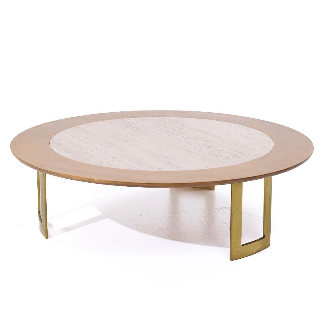 Mid-Century Modern S.J. Table basse en travertin et laiton du milieu du siècle Campbell en vente