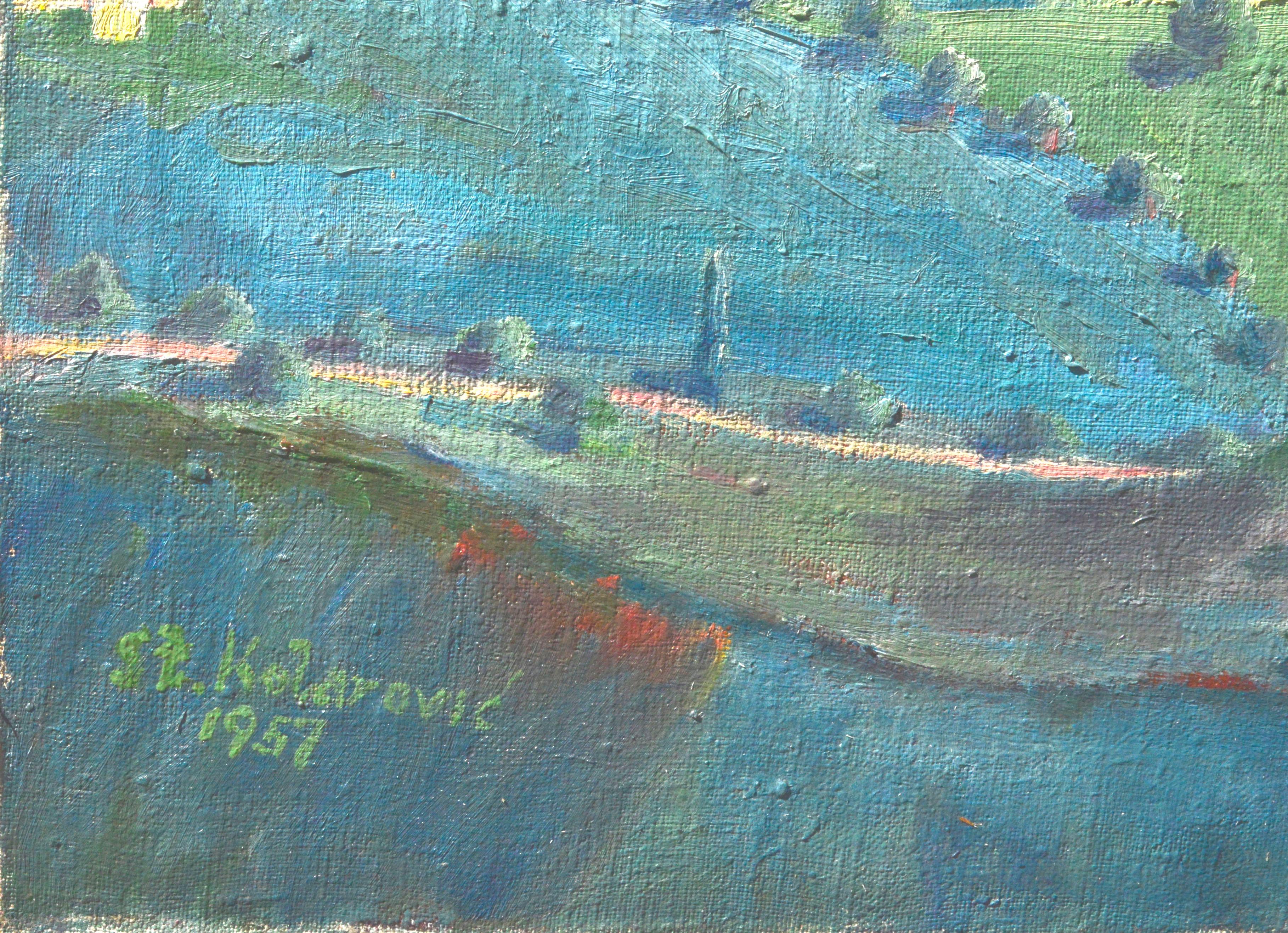 Along The Danube Landscape, 1957 - Impressionist Painting by S.J. Kelarovic