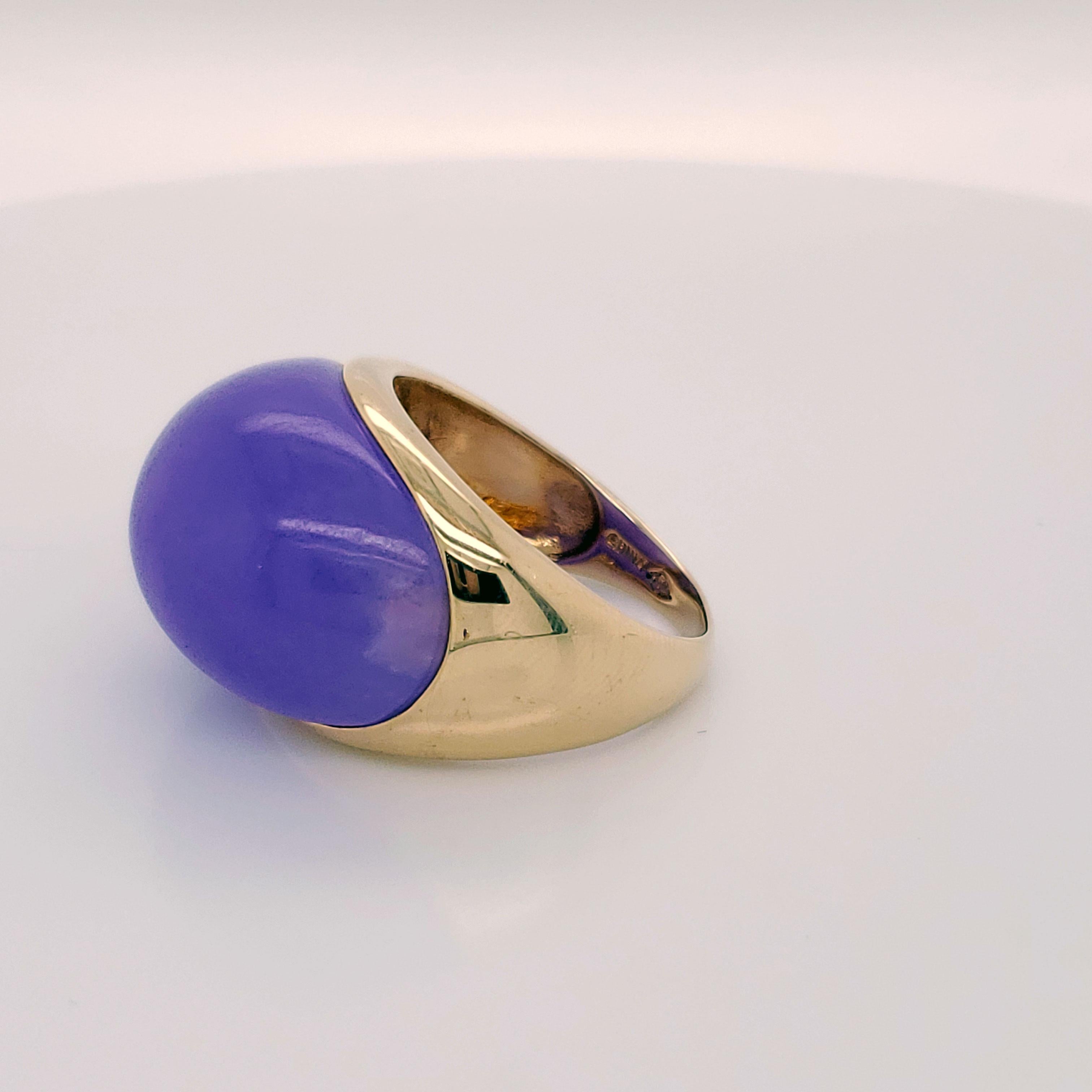 This ring is just as bold as you! Made of real lavender jade set in 14K yellow gold, this stunning ring is sure to turn heads! The gorgeous lavender jade is the perfect pair to this yellow gold setting, and the perfect compliment to any skin tone!