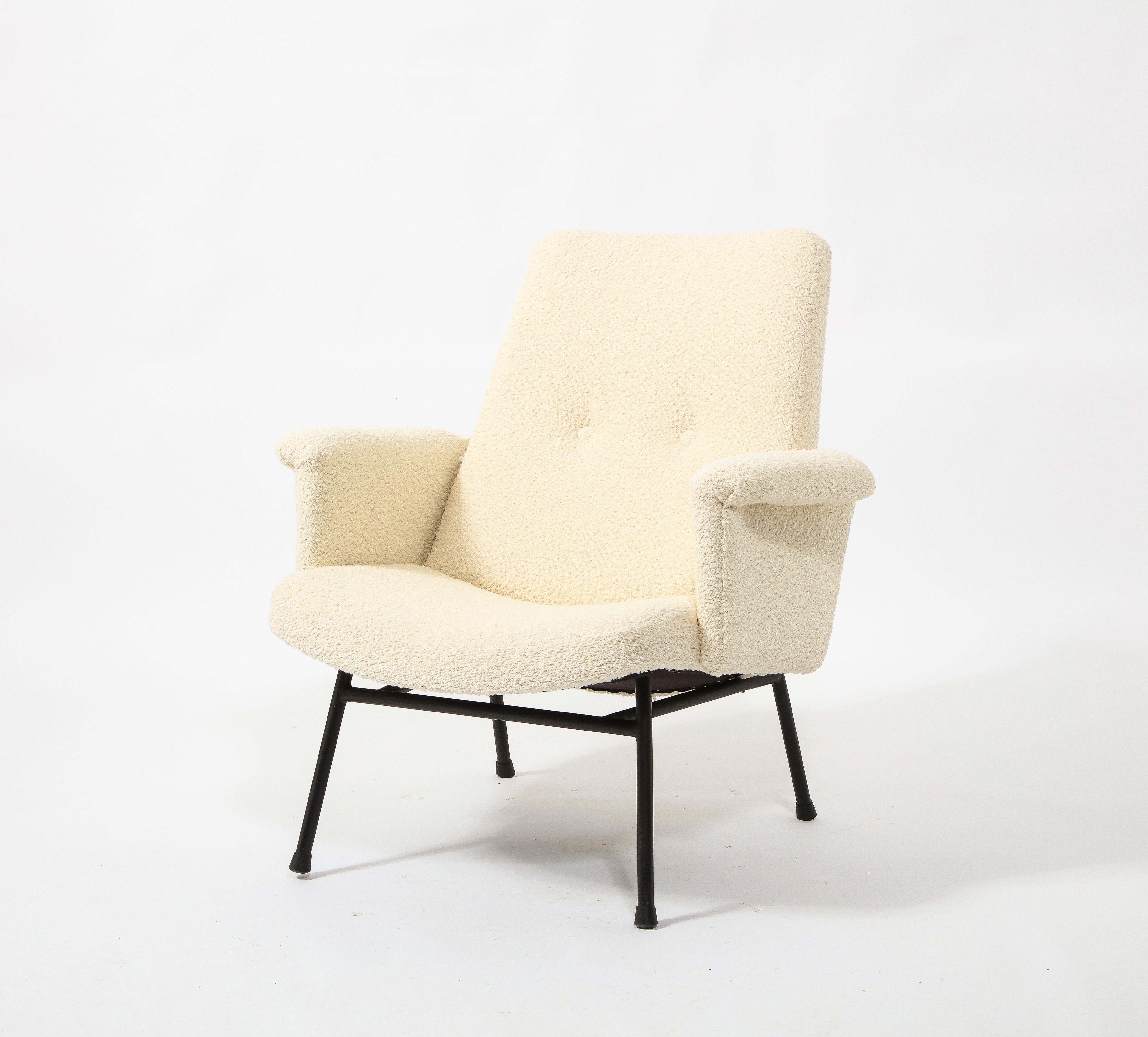 Brass Pierre Guariche SK660 Armchairs in Cream Bouclé, France 1960’s For Sale