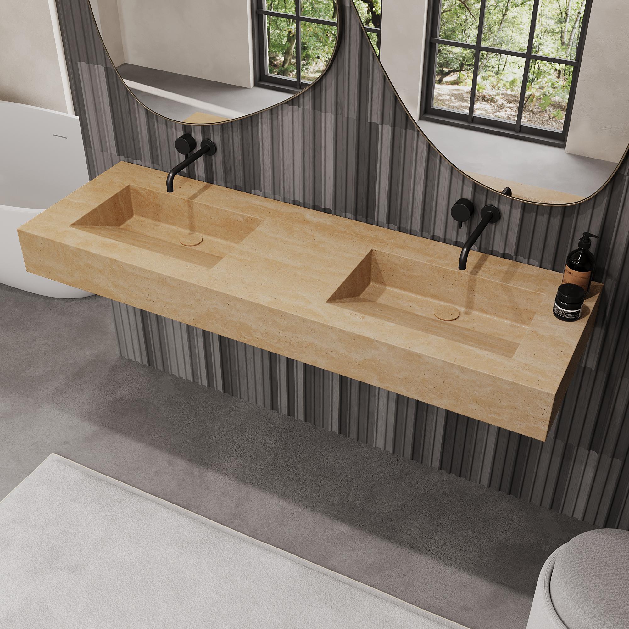 Scandinavian Modern Skadi - Double Marble Basin - Beige Travertine For Sale