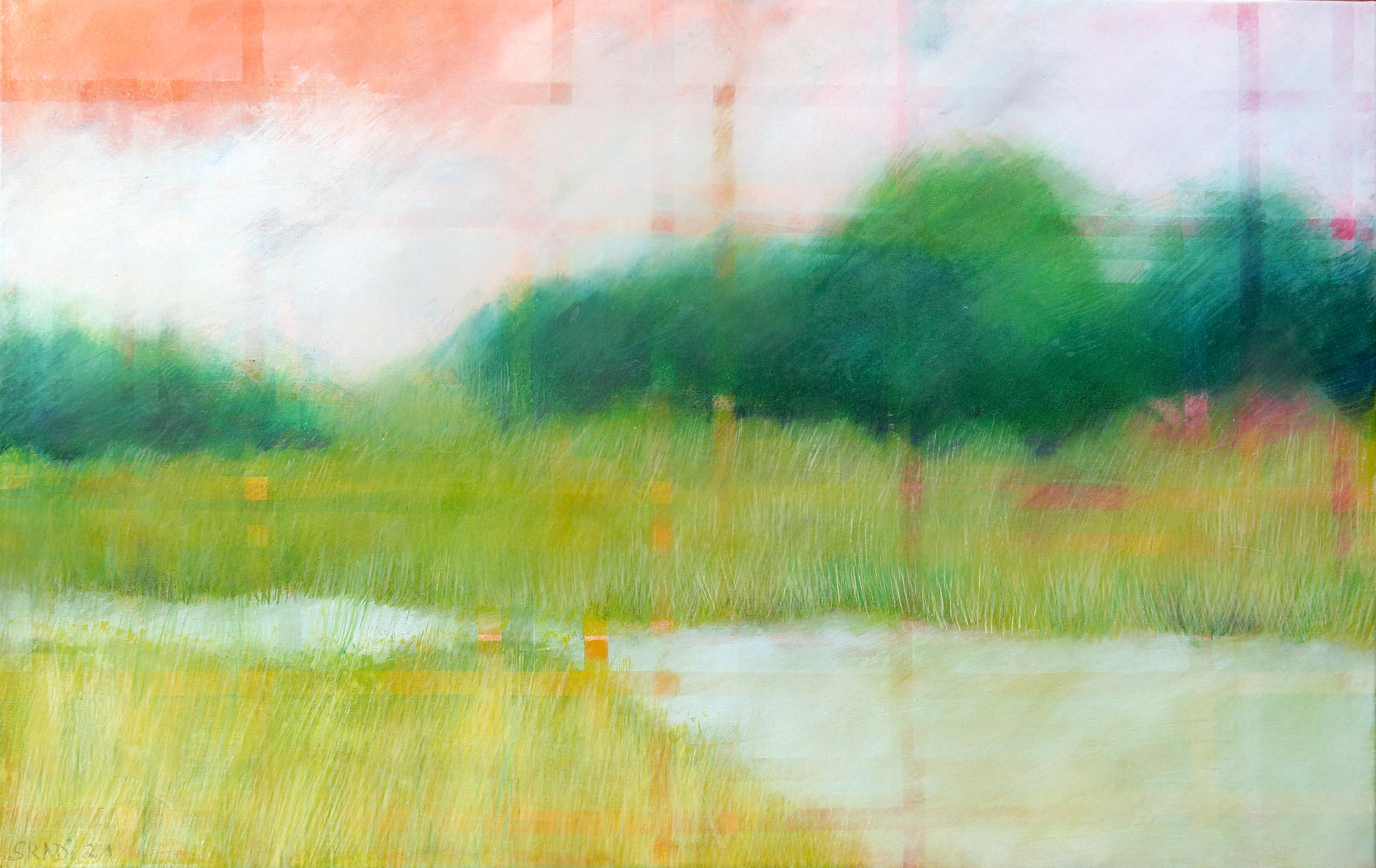 Grünes land am Fluss by Skadi Engeln  Contemporary Abstract Landscape Painting