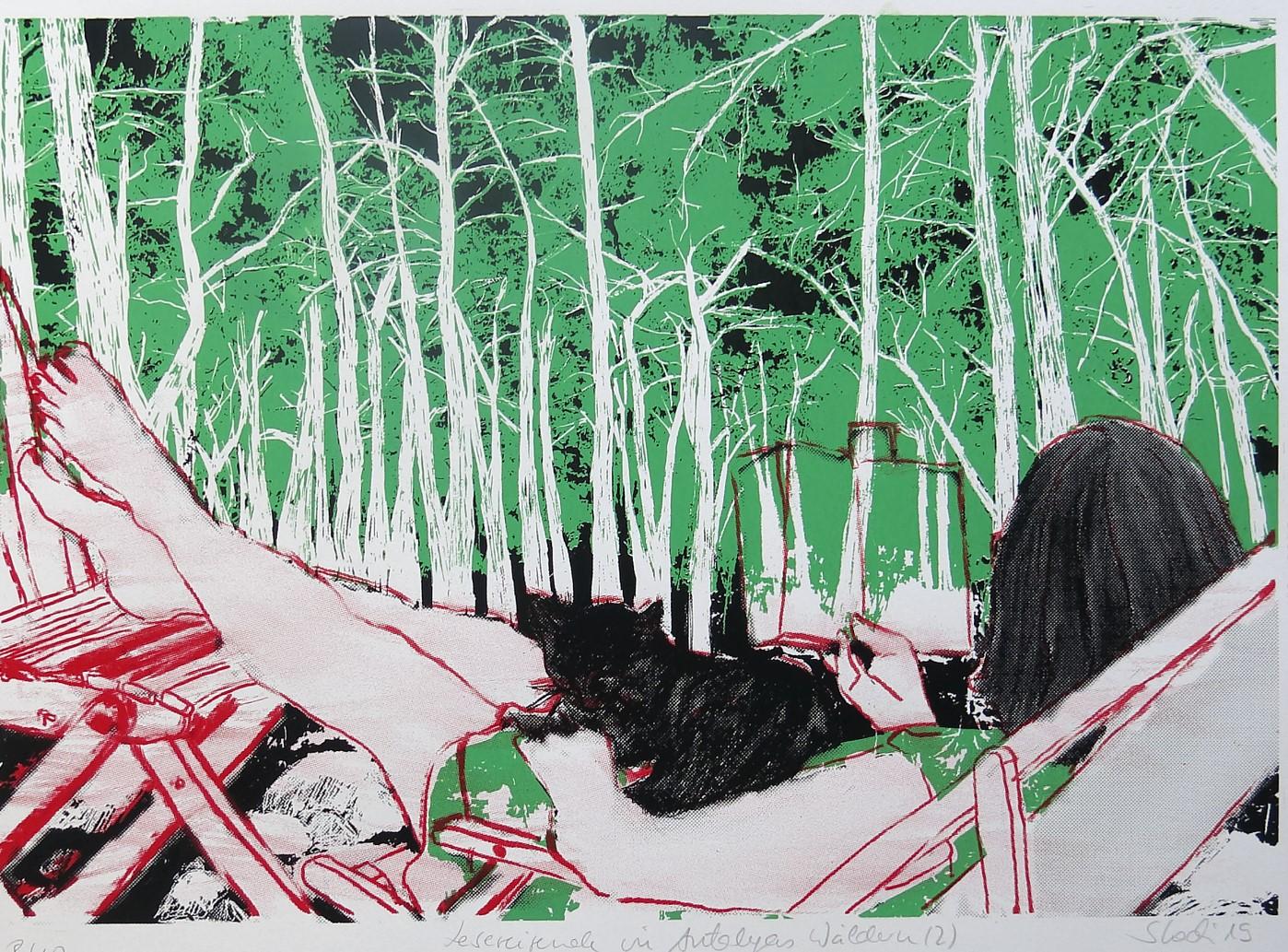 Nature Scena d'arte Lettura dei viaggiatori nei boschi di Antalya Serigrafia Figurativa - Print di Skadi Engeln