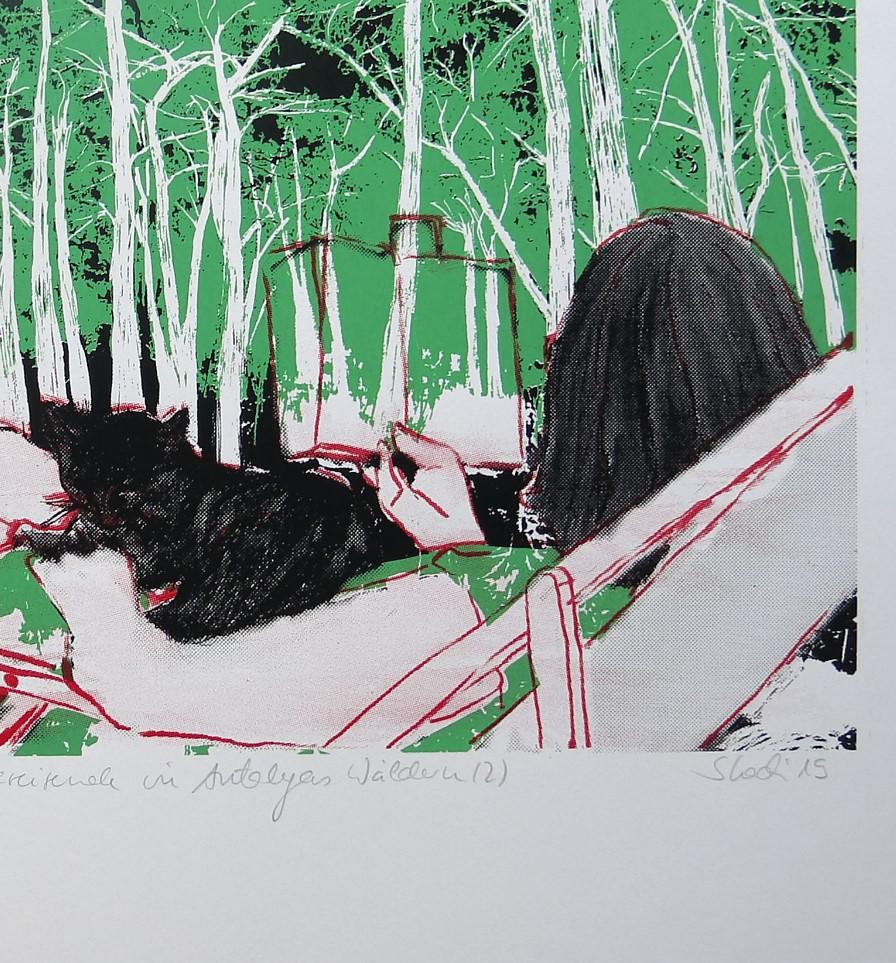 Nature Scena d'arte Lettura dei viaggiatori nei boschi di Antalya Serigrafia Figurativa - Print Contemporaneo di Skadi Engeln