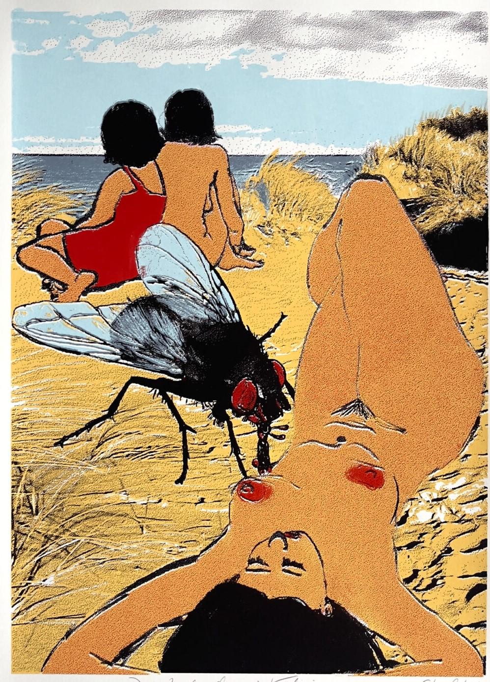 Sérigraphie d'art de scène de plage « Trois baigneurs avec une mouche » édition limitée - Print de Skadi Engeln