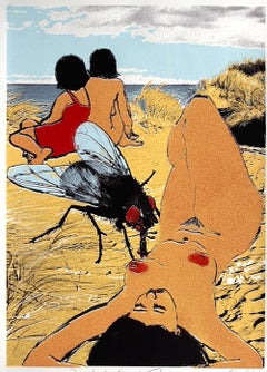 Sérigraphie d'art de scène de plage « Trois baigneurs avec une mouche » édition limitée