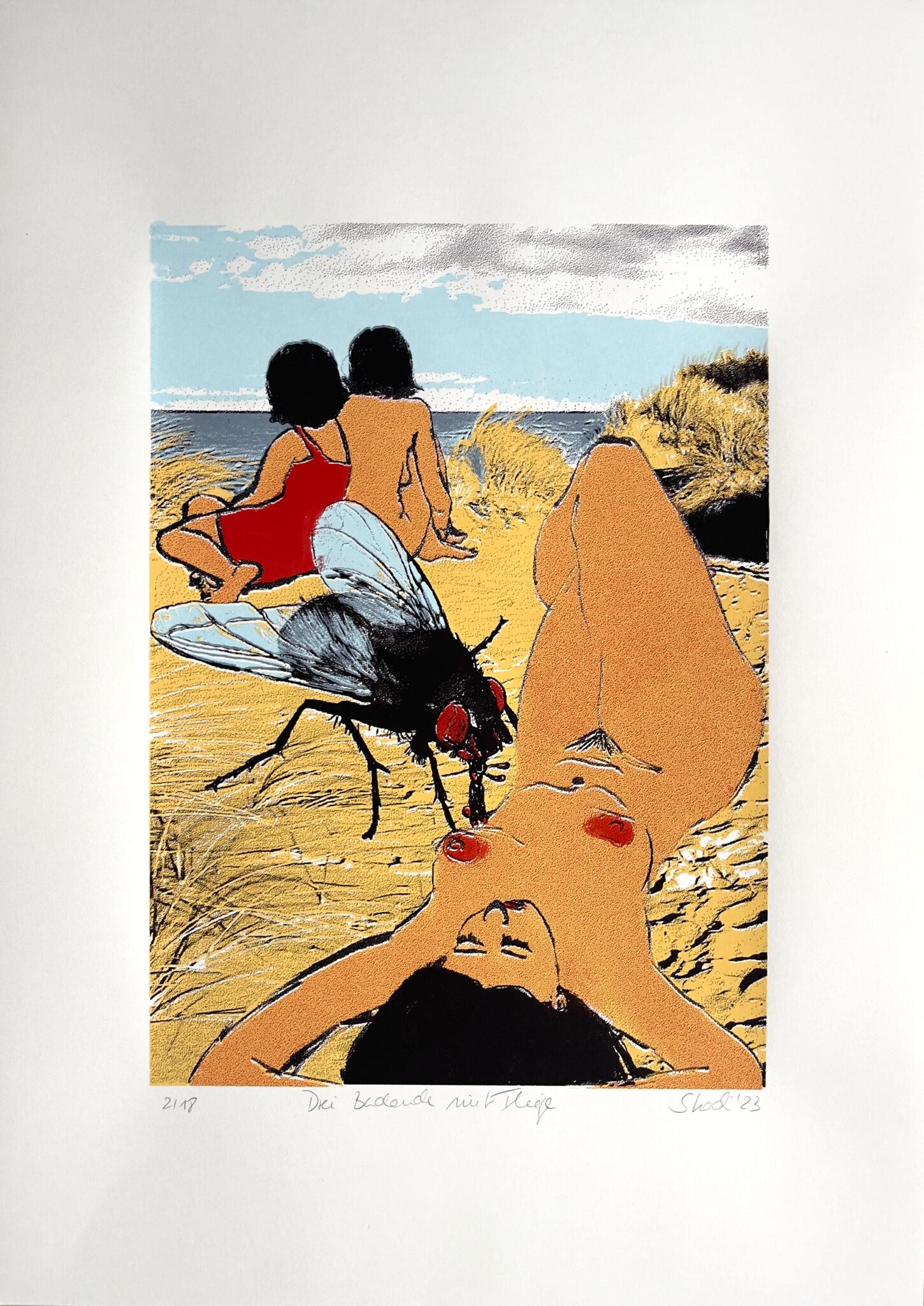 Serigrafia artistica di scene di spiaggia "Tre bagnanti con una mosca" Edizione limitata