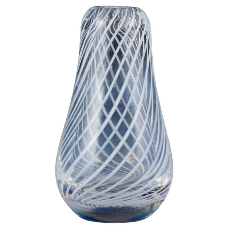 Skandinavian glass artist. Art glass vase in clear glass with white lines For Sale