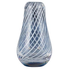 Vintage Skandinavian glass artist. Art glass vase in clear glass with white lines