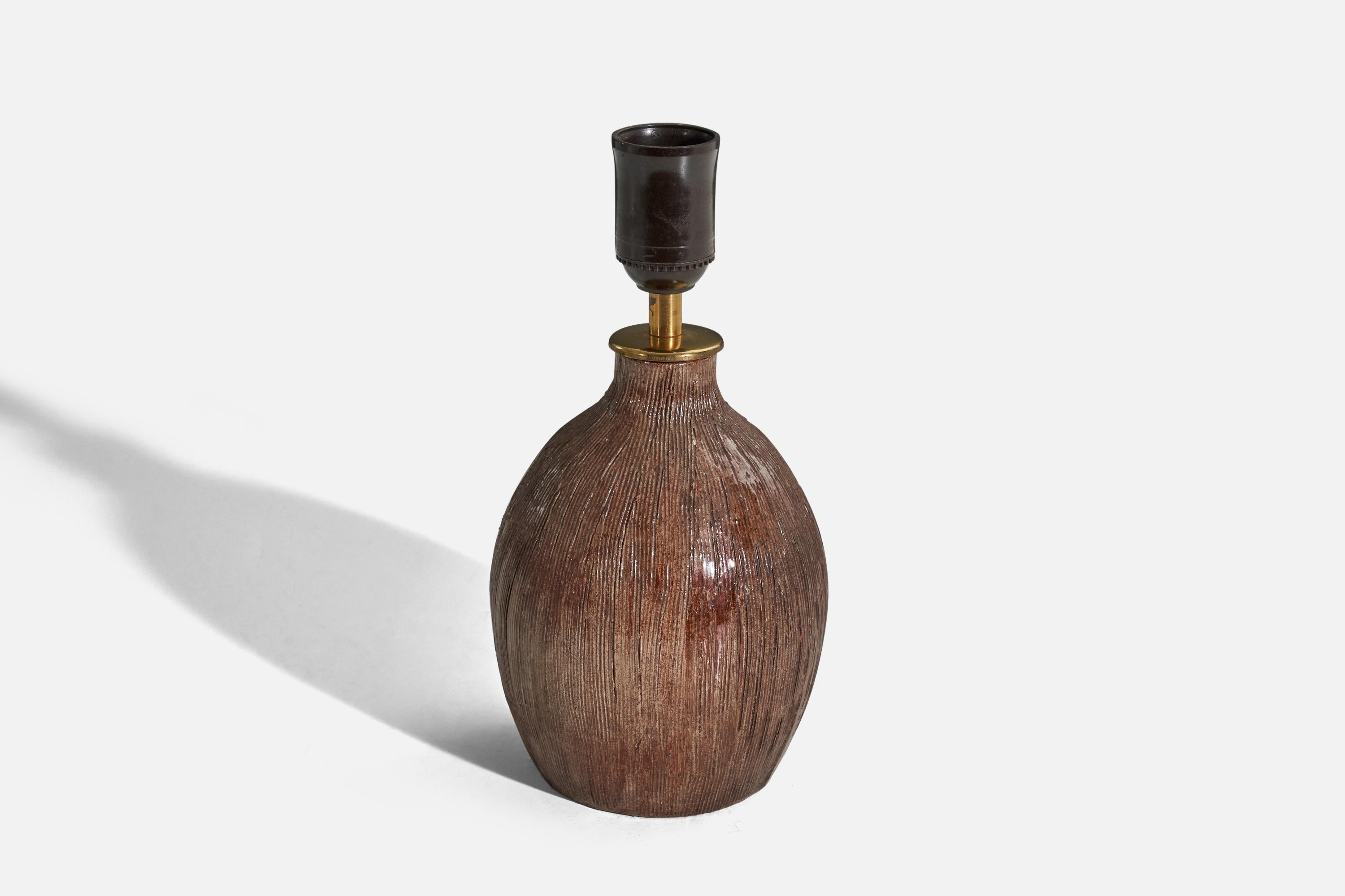 Swedish Skansen Keramik, Table Lamp, Brown-Glazed Stoneware, Sweden, 1956 For Sale