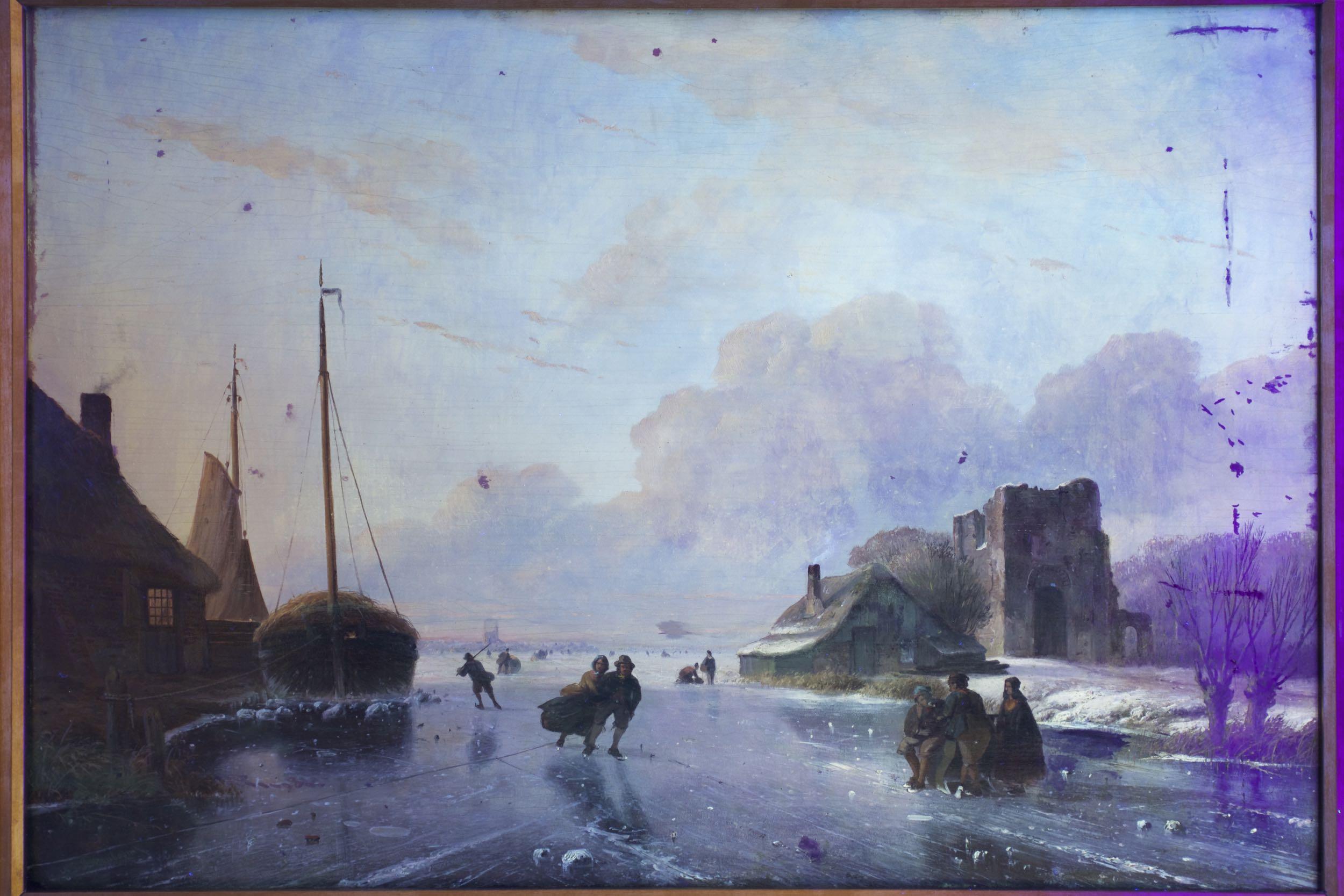 “Skaters on Frozen Waterway” Landscape Painting by Nicolaas Roosenboom 2