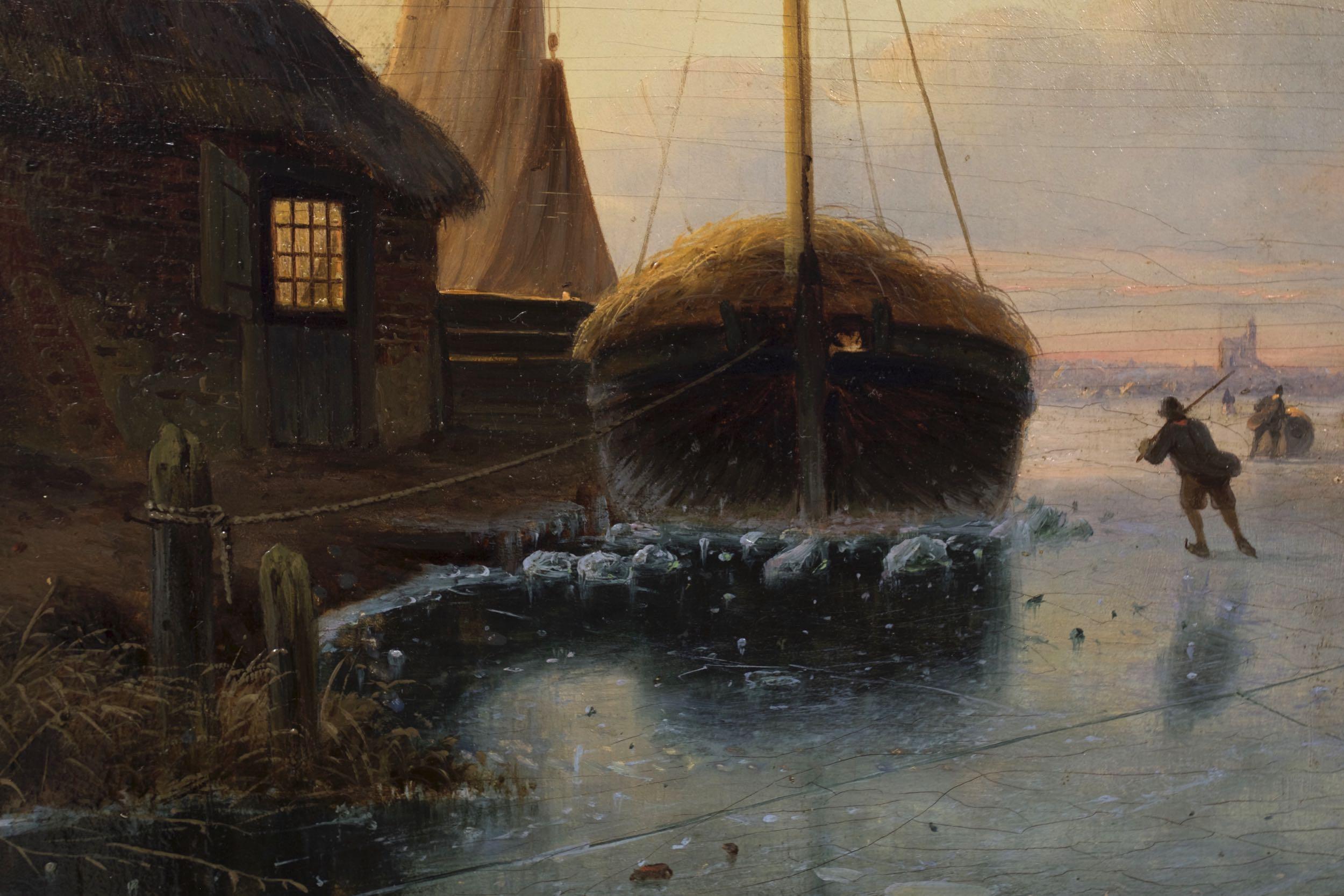 “Skaters on Frozen Waterway” Landscape Painting by Nicolaas Roosenboom 3