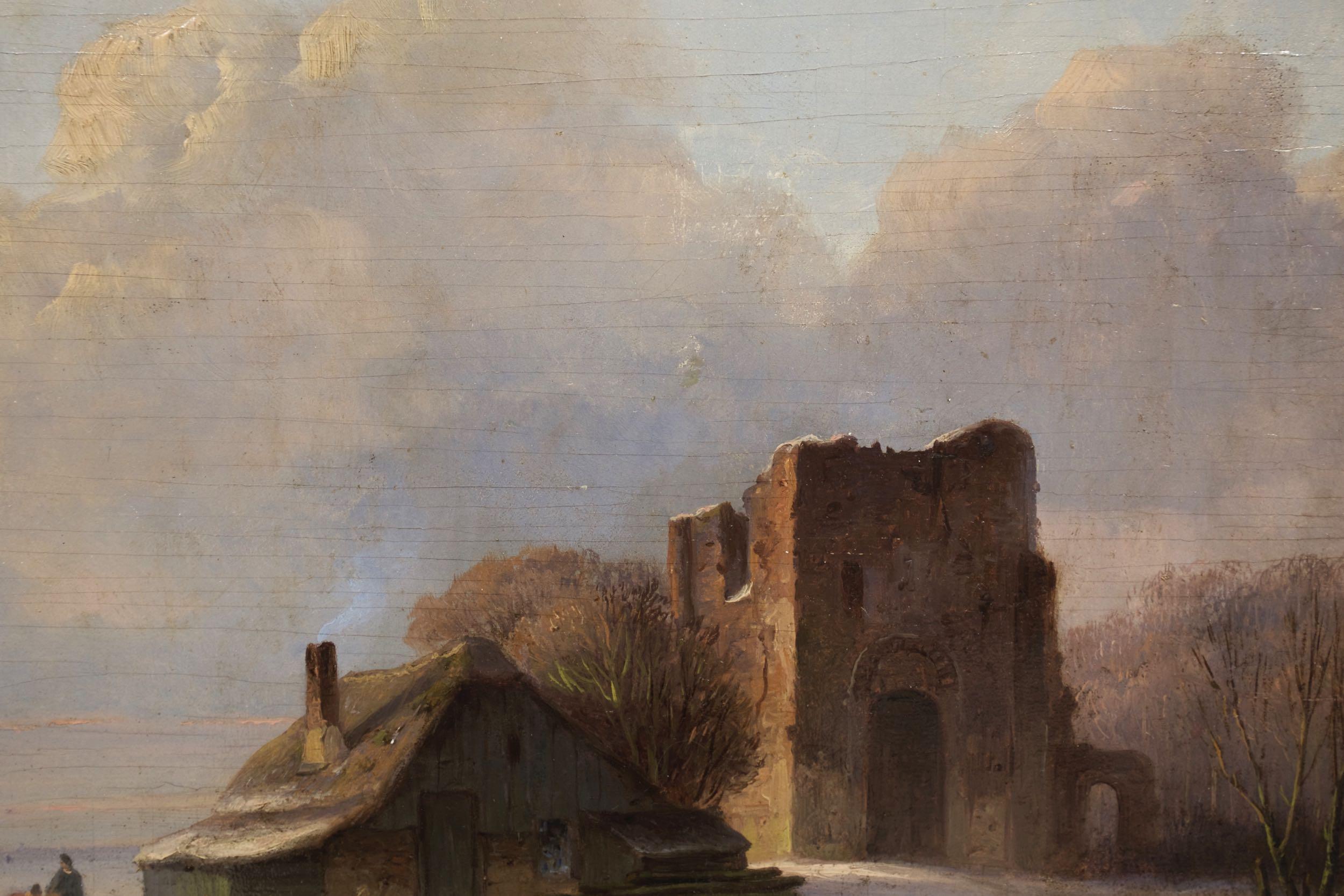 “Skaters on Frozen Waterway” Landscape Painting by Nicolaas Roosenboom 5