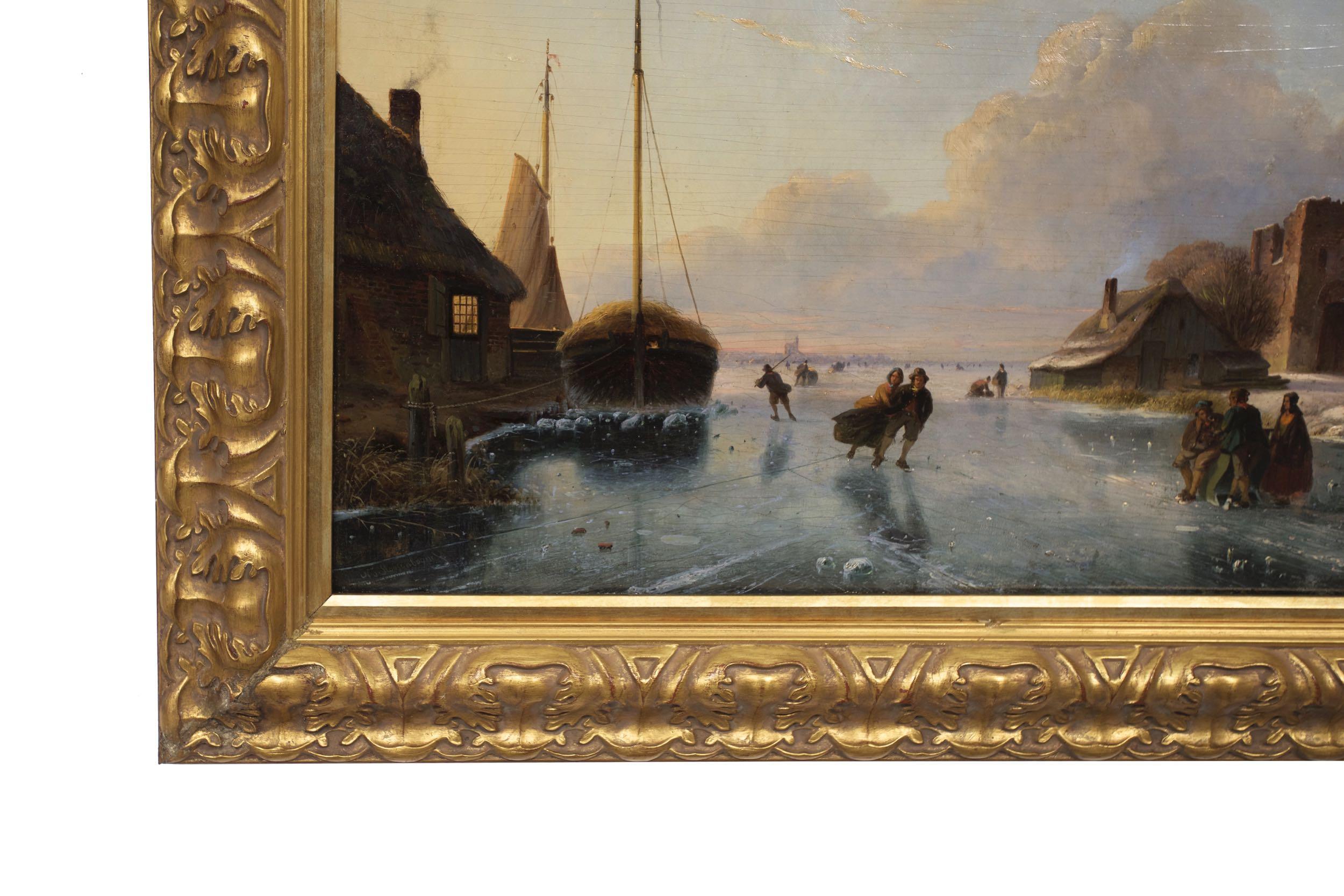 “Skaters on Frozen Waterway” Landscape Painting by Nicolaas Roosenboom 11
