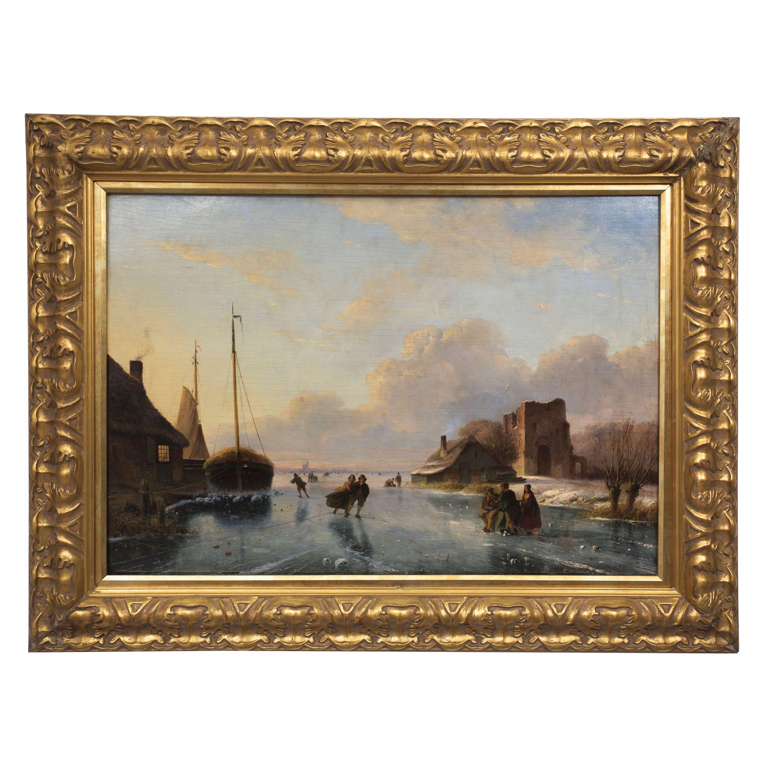 A rich scene captured during the golden hour of sunset, the town is congregated on the frozen waterway running through a Dutch village. Lights are on in the thatched-roof brick building beside the canal, a large shipping vessel docked alongside