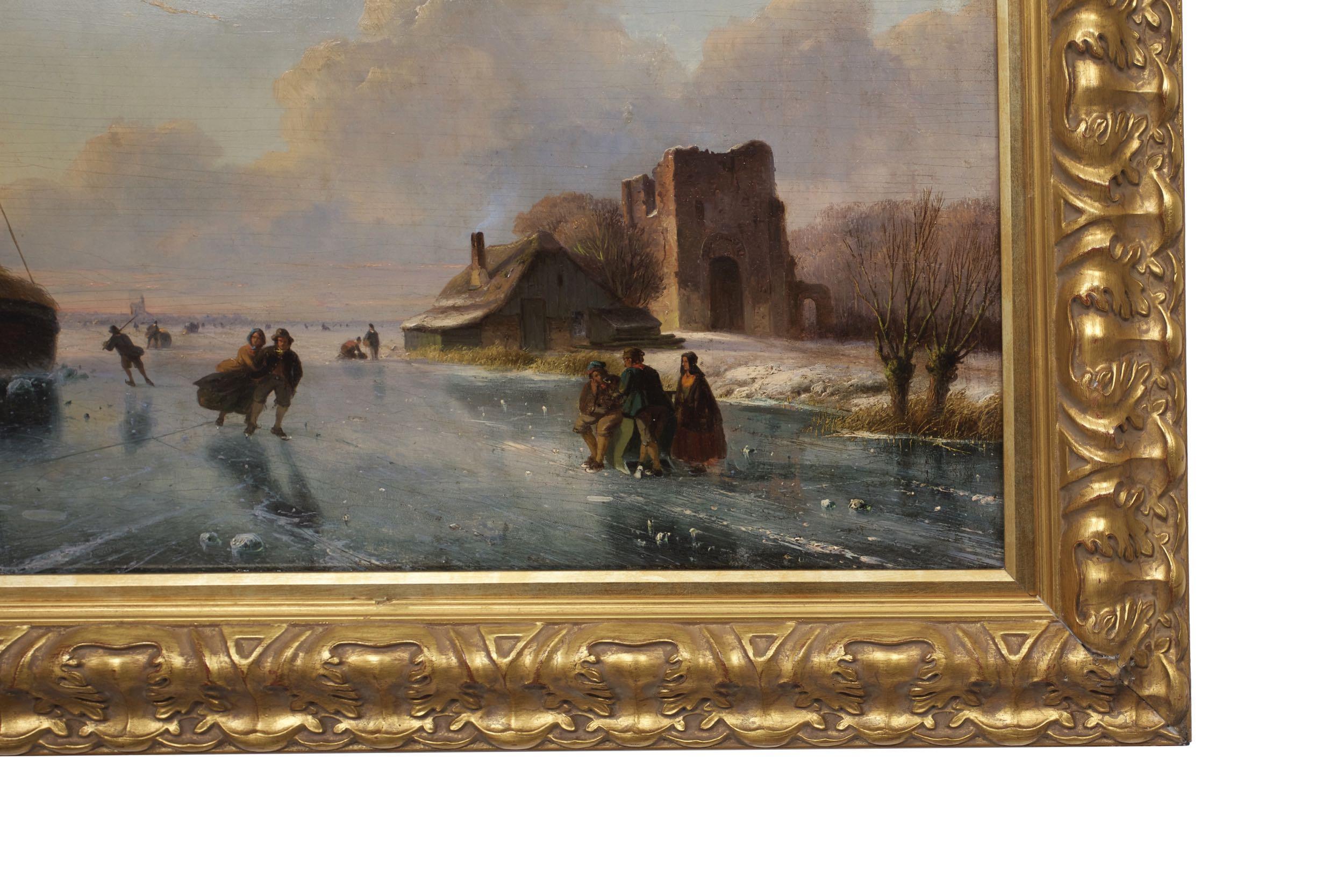 “Skaters on Frozen Waterway” Landscape Painting by Nicolaas Roosenboom 12
