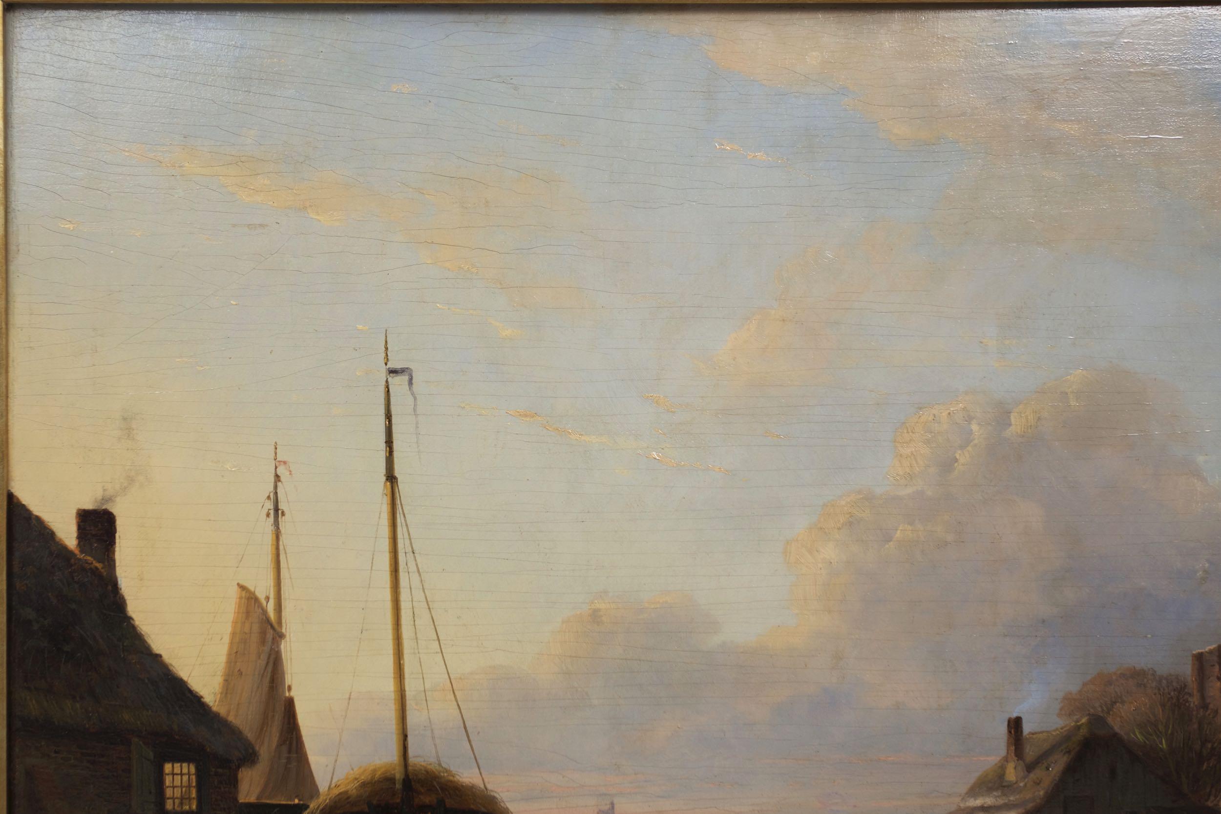 Romantic “Skaters on Frozen Waterway” Landscape Painting by Nicolaas Roosenboom
