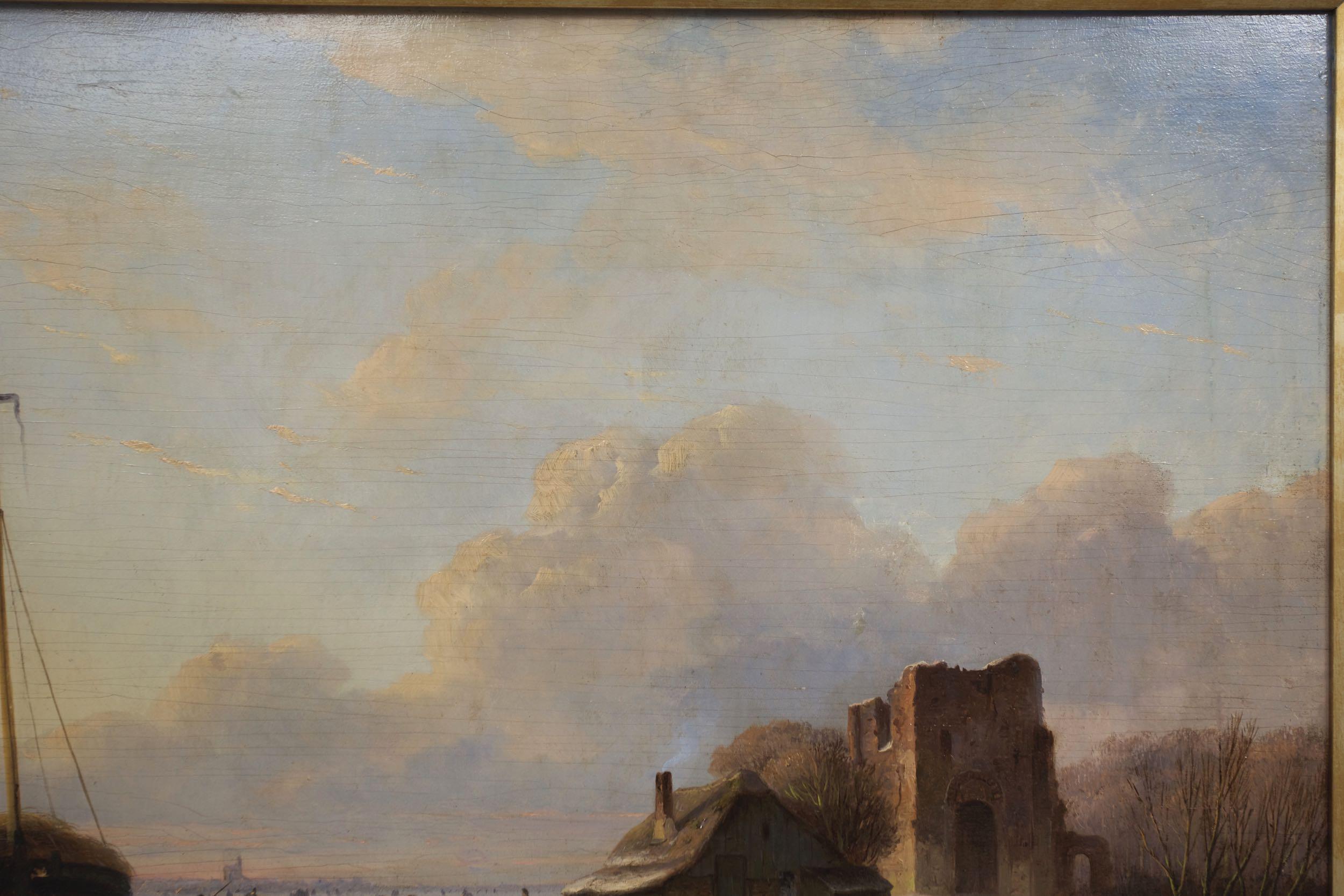 Dutch “Skaters on Frozen Waterway” Landscape Painting by Nicolaas Roosenboom