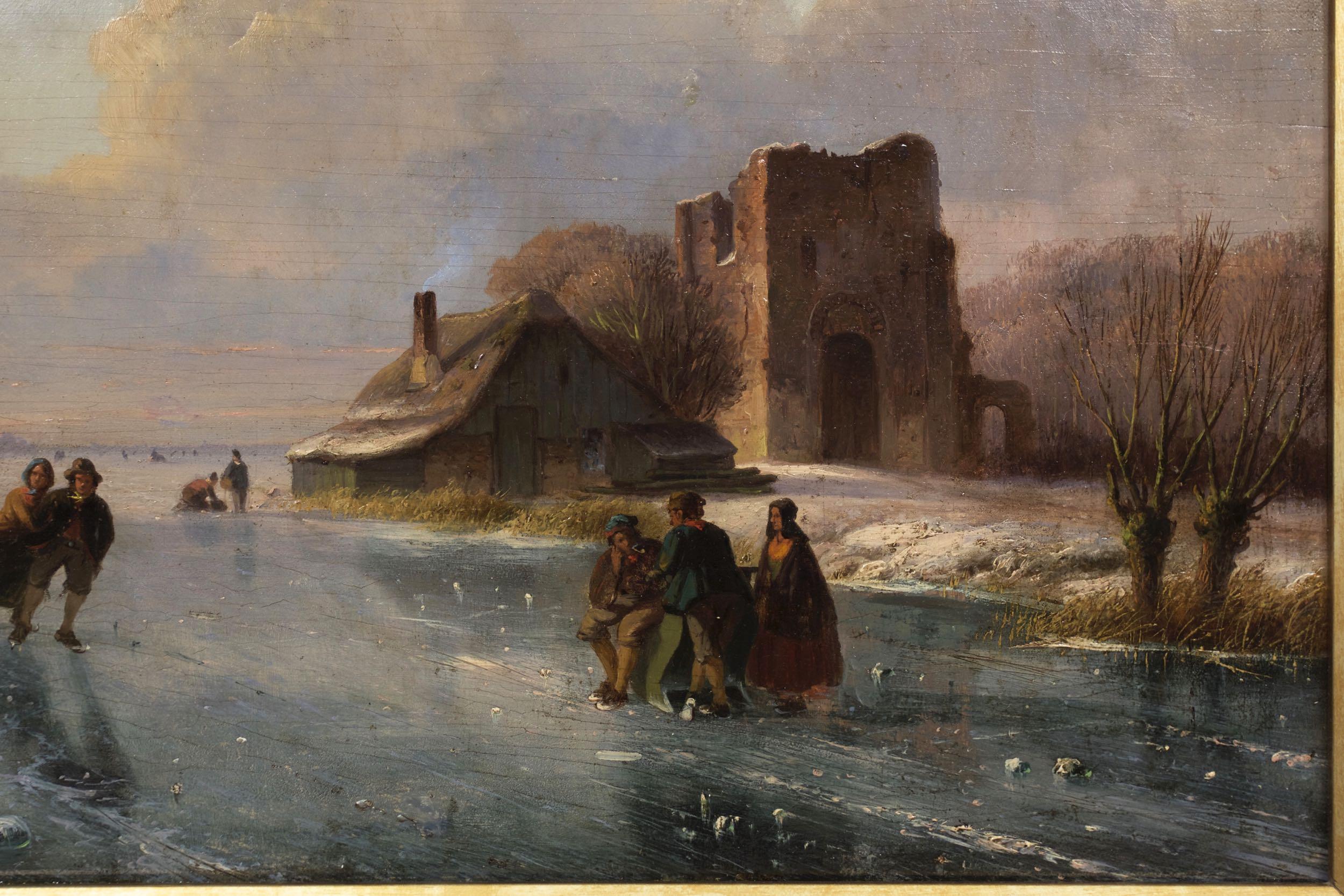 Hand-Painted “Skaters on Frozen Waterway” Landscape Painting by Nicolaas Roosenboom