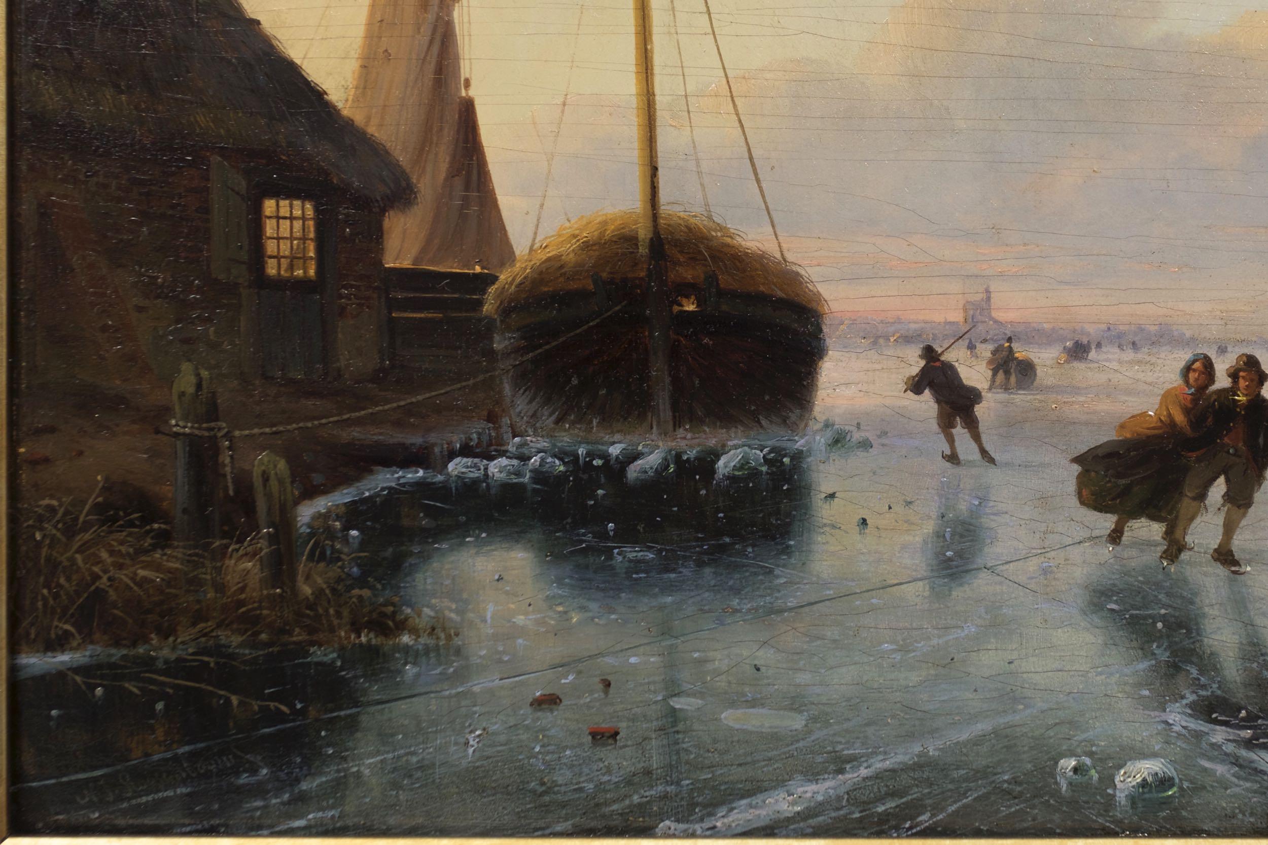 “Skaters on Frozen Waterway” Landscape Painting by Nicolaas Roosenboom In Good Condition In Shippensburg, PA