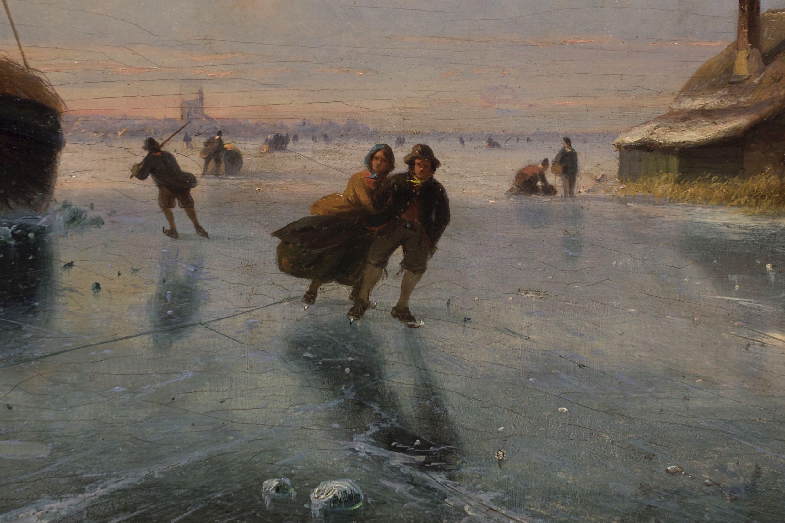 19th Century “Skaters on Frozen Waterway” Landscape Painting by Nicolaas Roosenboom