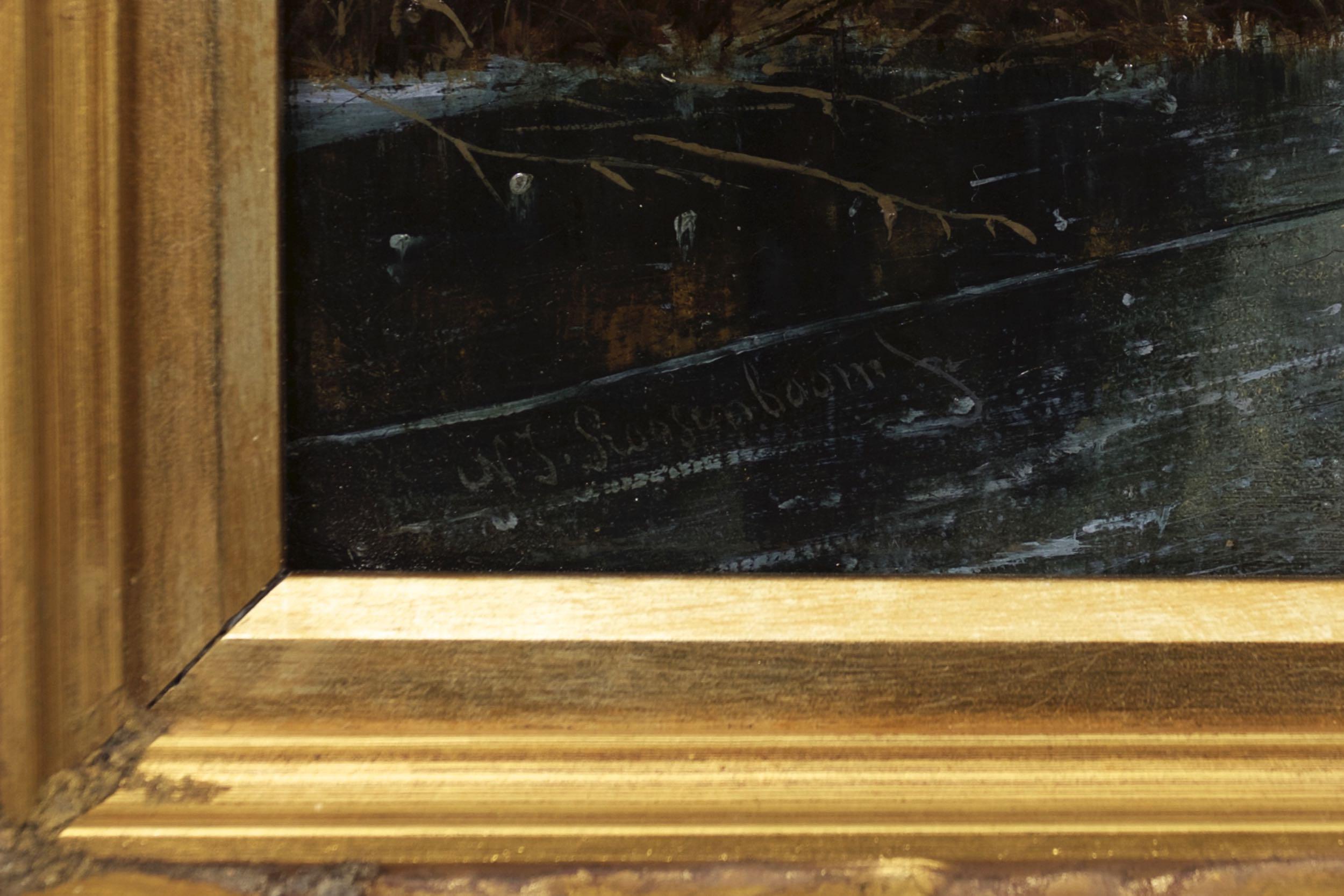 Giltwood “Skaters on Frozen Waterway” Landscape Painting by Nicolaas Roosenboom