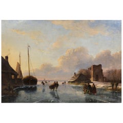 “Skaters on Frozen Waterway” Landscape Painting by Nicolaas Roosenboom