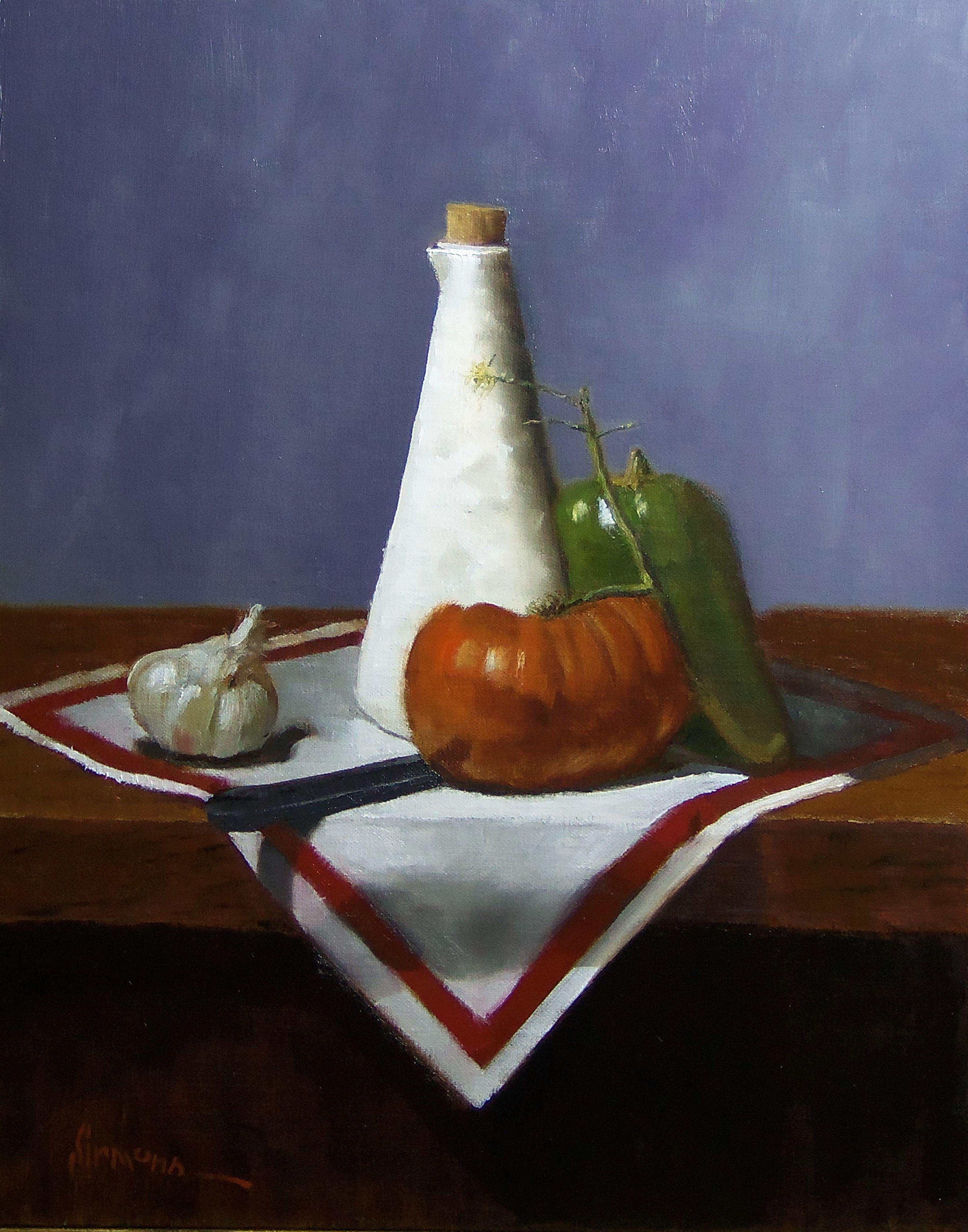 Still-Life Painting de Skeet Sirmons - El aceite de oliva es la reina, Pintura, Óleo sobre panel MDF